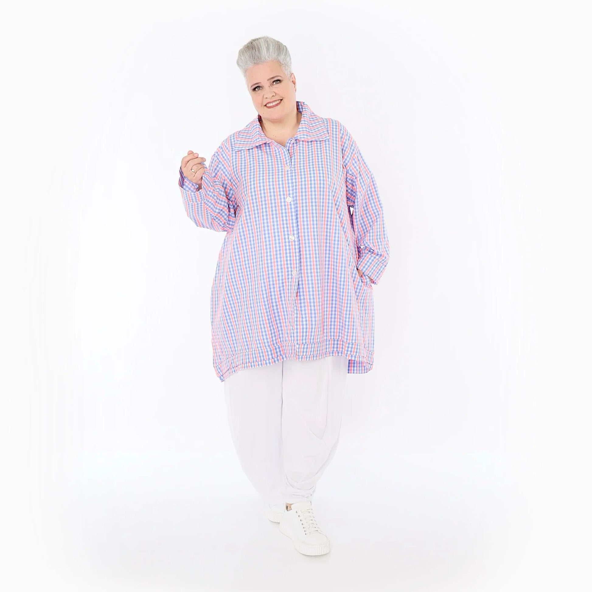  A-Form Bluse von AKH Fashion aus Baumwolle, 1505.07010, Blau/Weiß/Pink, Vichy-Karo, Schick