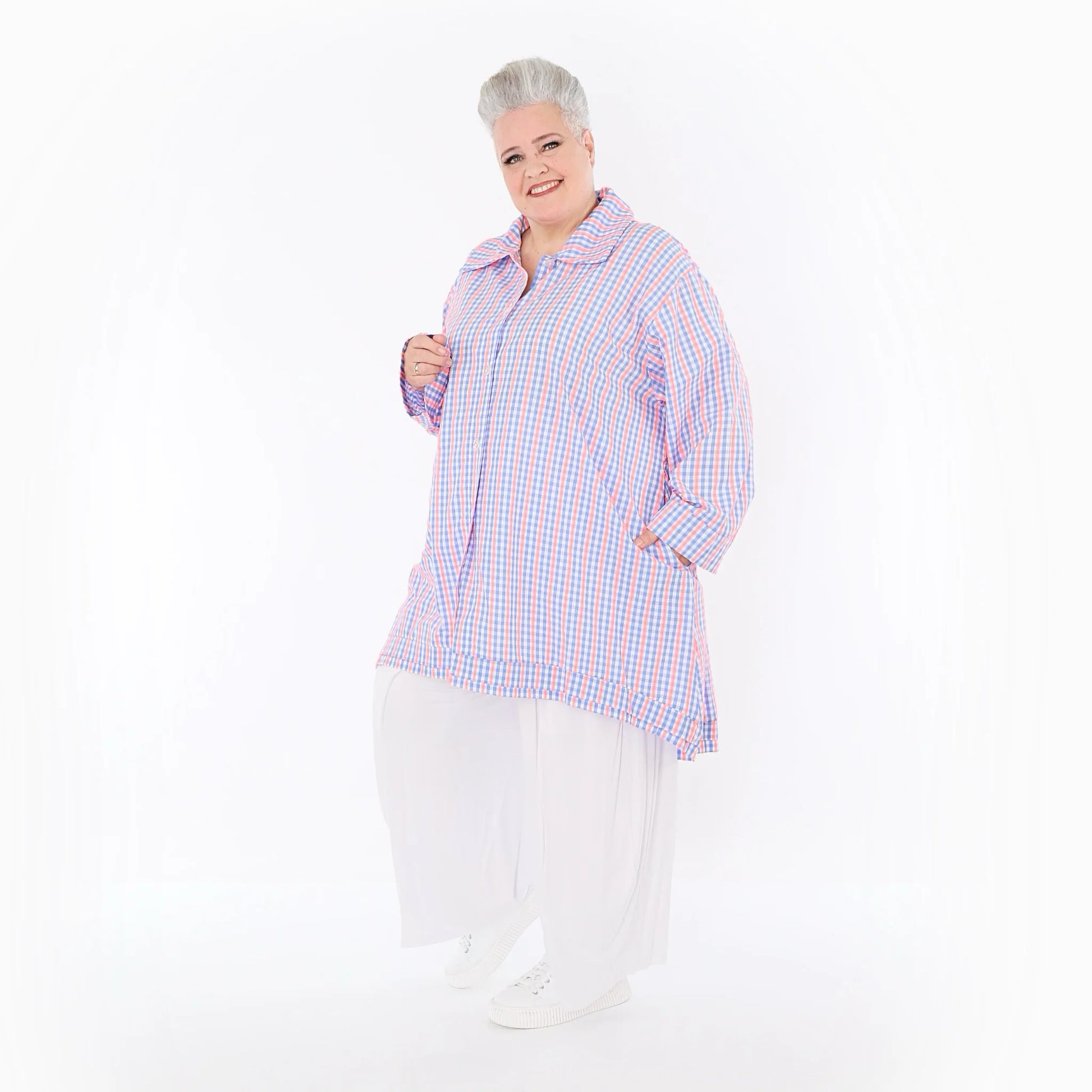  A-Form Bluse von AKH Fashion aus Baumwolle, 1505.07010, Blau/Weiß/Pink, Vichy-Karo, Schick