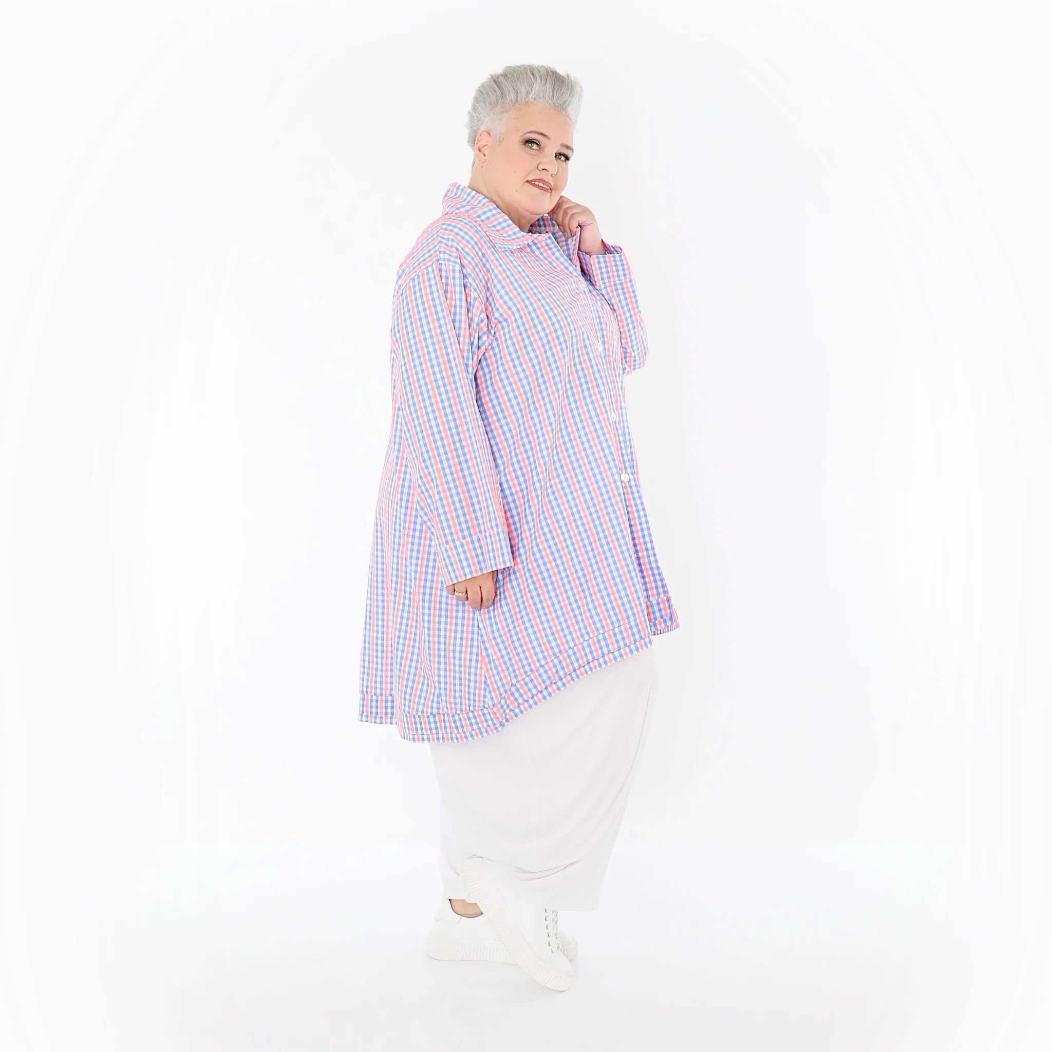  A-Form Bluse von AKH Fashion aus Baumwolle, 1505.07010, Blau/Weiß/Pink, Vichy-Karo, Schick