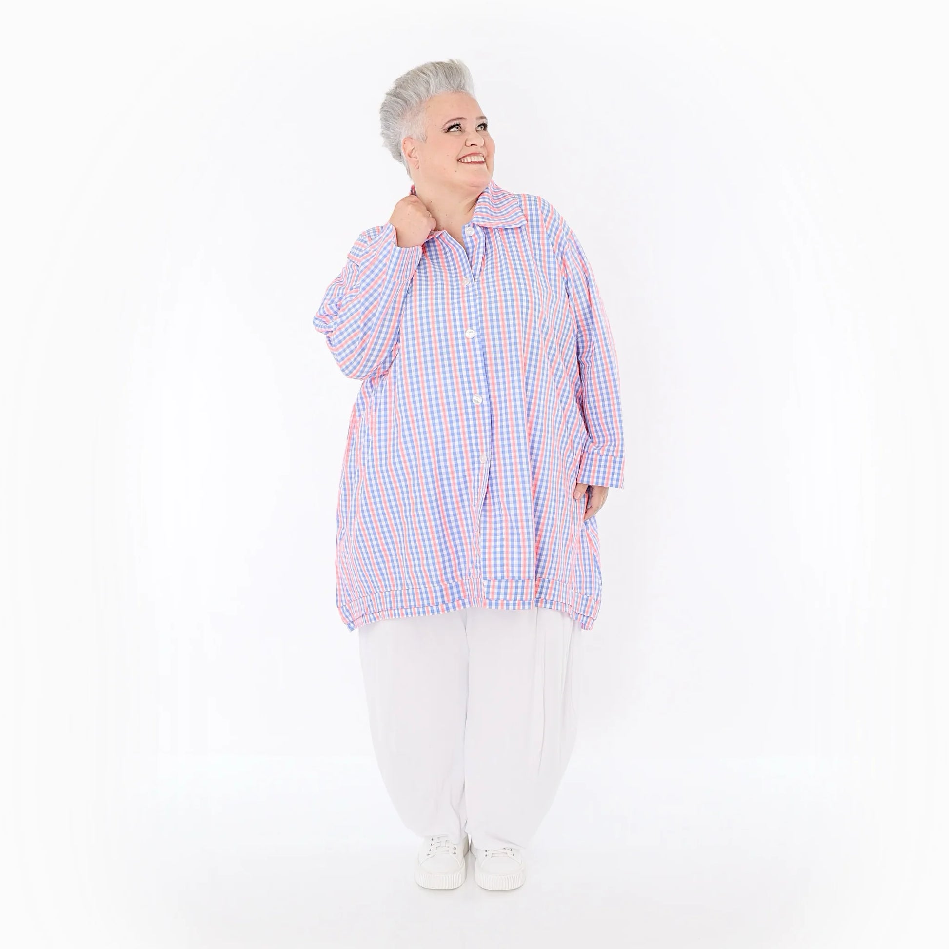  A-Form Bluse von AKH Fashion aus Baumwolle, 1505.07010, Blau/Weiß/Pink, Vichy-Karo, Schick