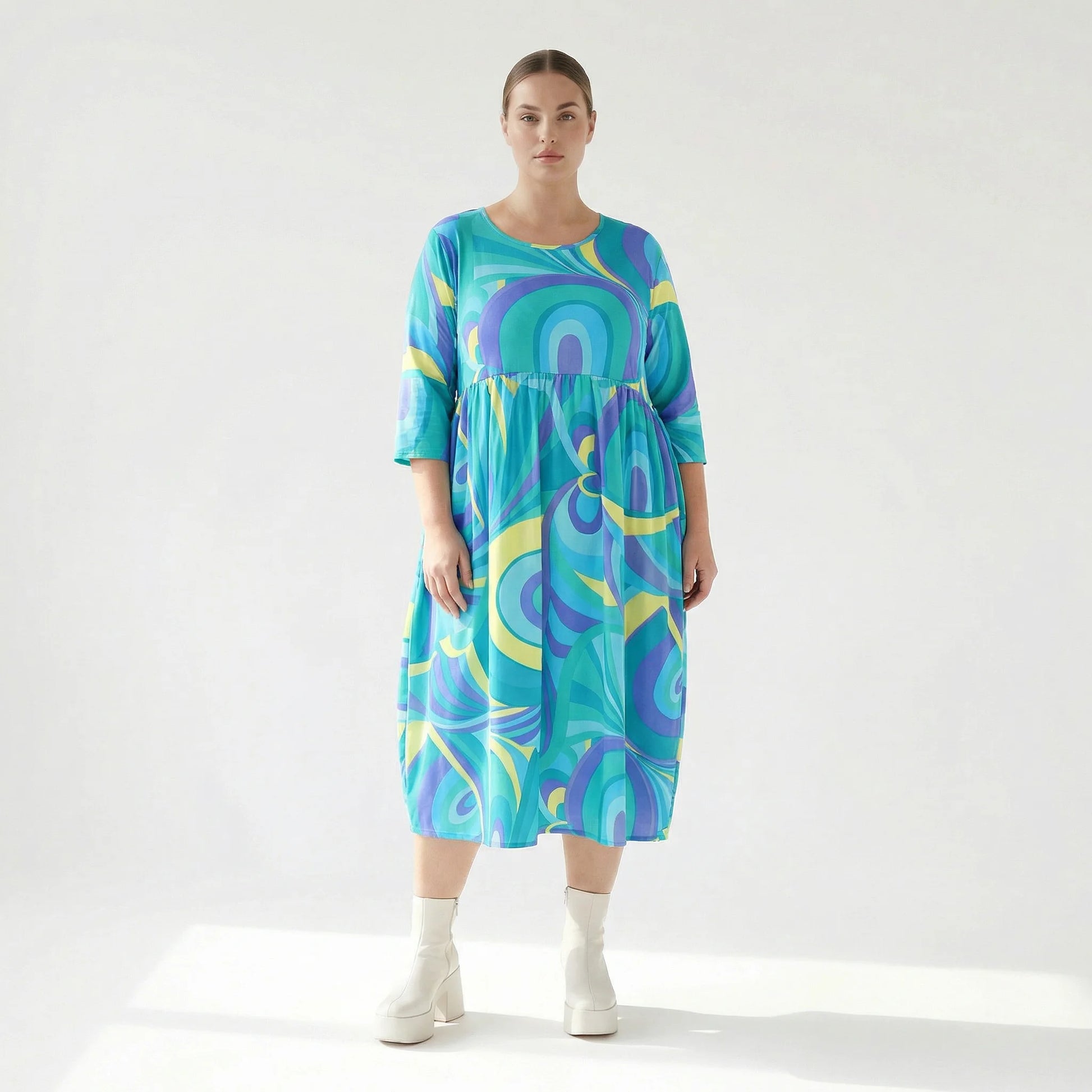  Ballonkleid von AKH Fashion aus Baumwolle, 1508.06698, Grün/Multi, Abstrakt, Ausgefallen