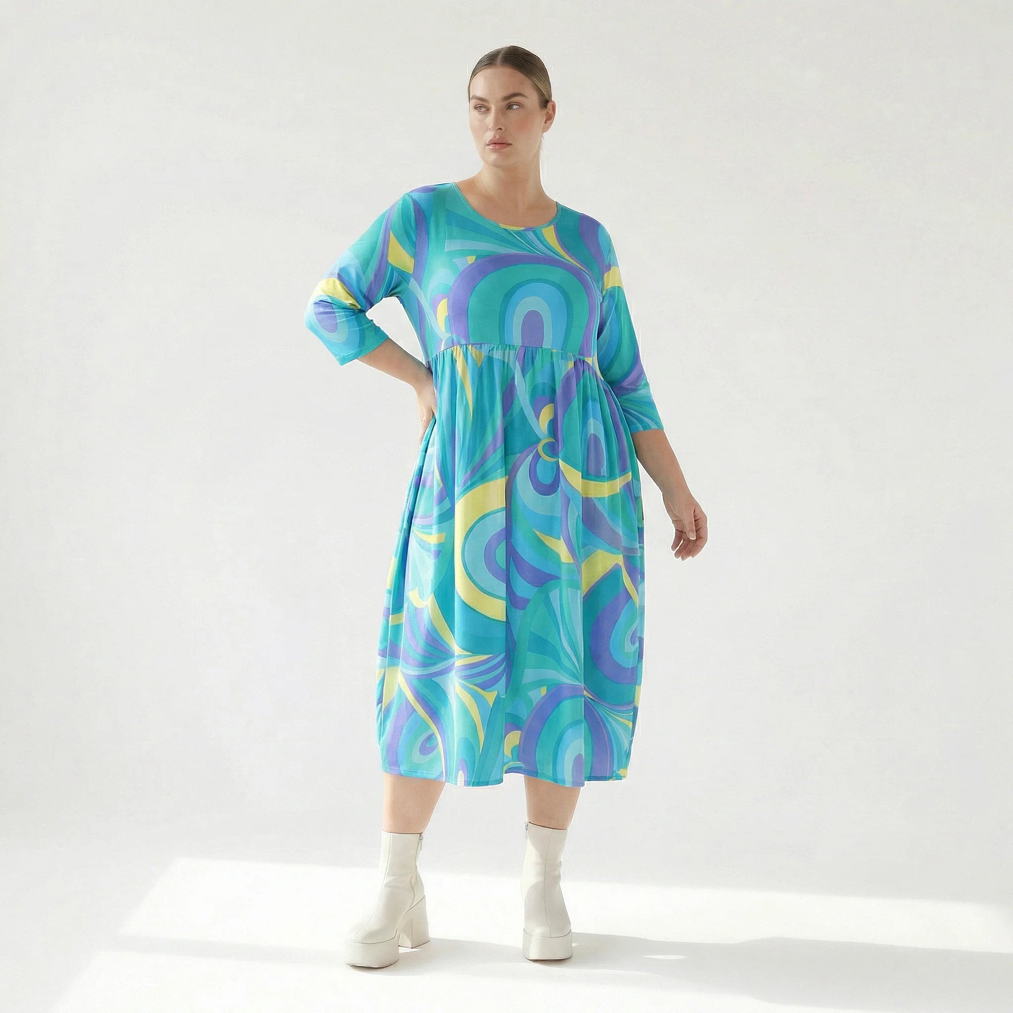  Ballonkleid von AKH Fashion aus Baumwolle, 1508.06698, Grün/Multi, Abstrakt, Ausgefallen