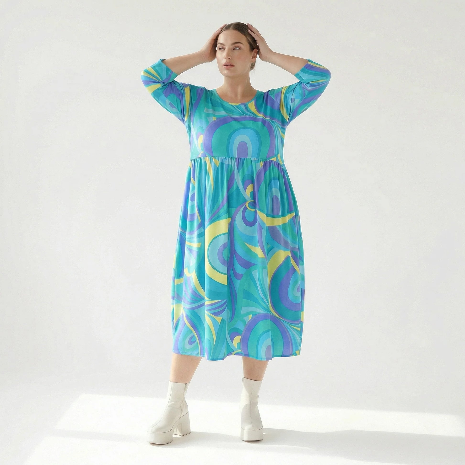  Ballonkleid von AKH Fashion aus Baumwolle, 1508.06698, Grün/Multi, Abstrakt, Ausgefallen