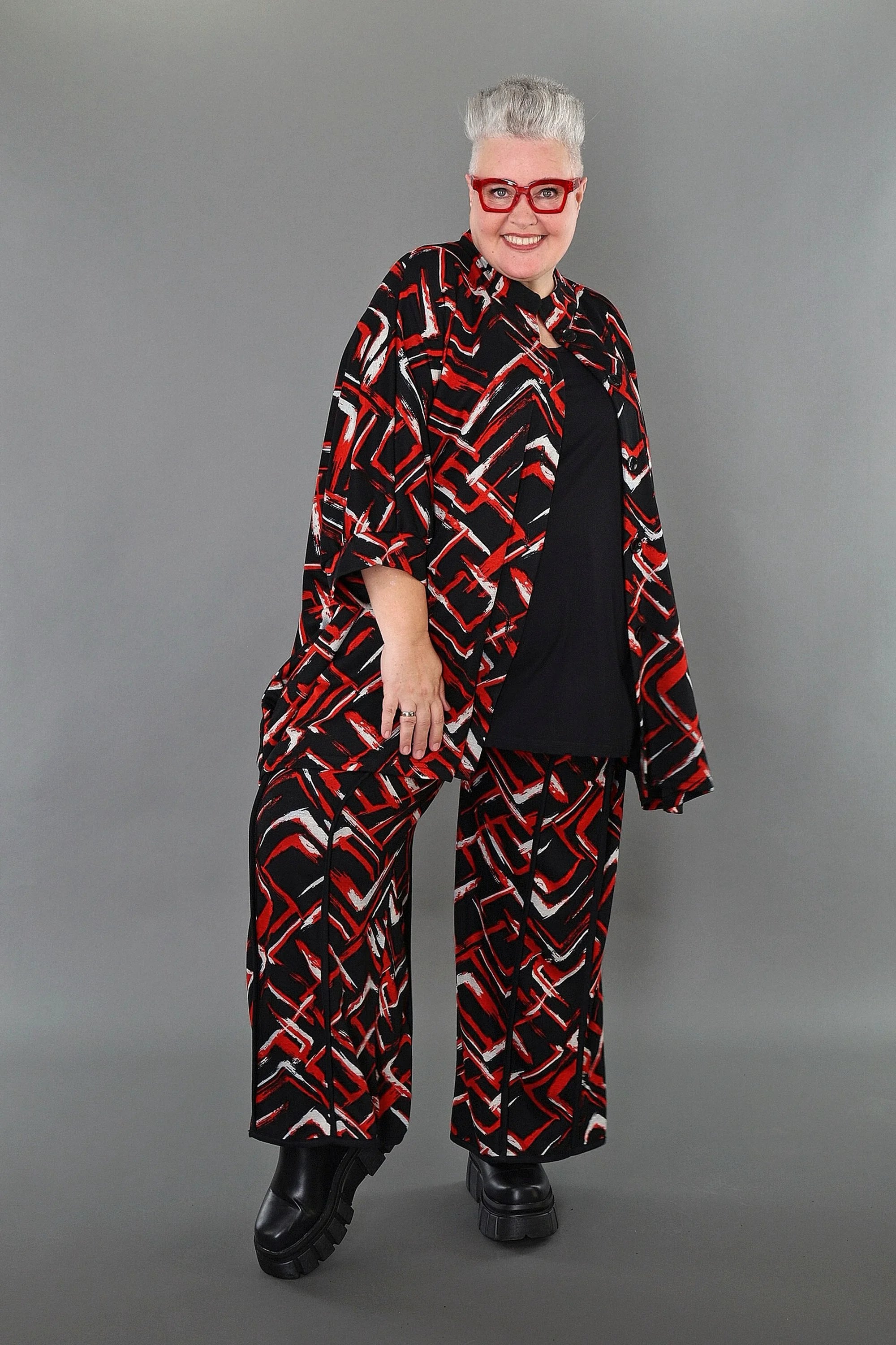  A-Form Jacke von AKH Fashion aus Viskose, 1517.07116, Schwarz/Rot/Weiß, Pinselstrich