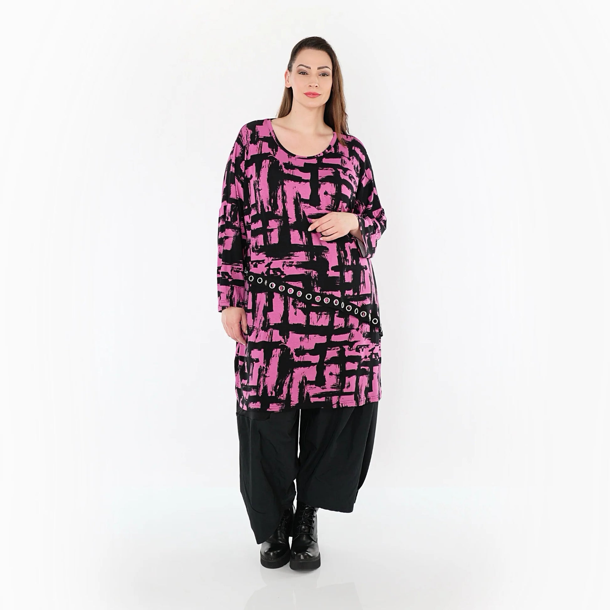  A-Form Bigshirt von AKH Fashion aus Viskose, 1519.07126, Fuchsia/Schwarz, Pinselstrich