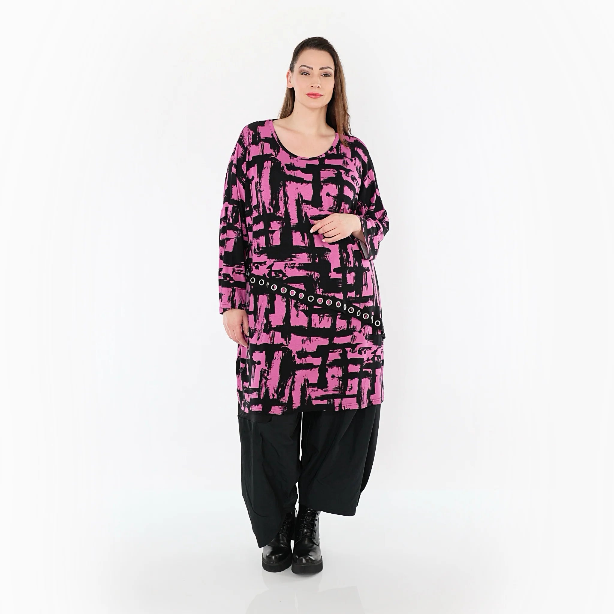  A-Form Bigshirt von AKH Fashion aus Viskose, 1519.07126, Fuchsia/Schwarz, Pinselstrich
