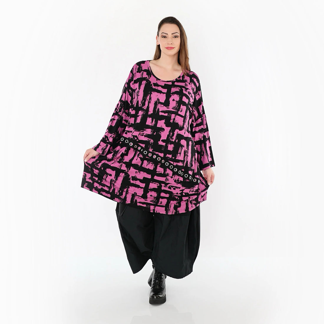  A-Form Bigshirt von AKH Fashion aus Viskose, 1519.07126, Fuchsia/Schwarz, Pinselstrich