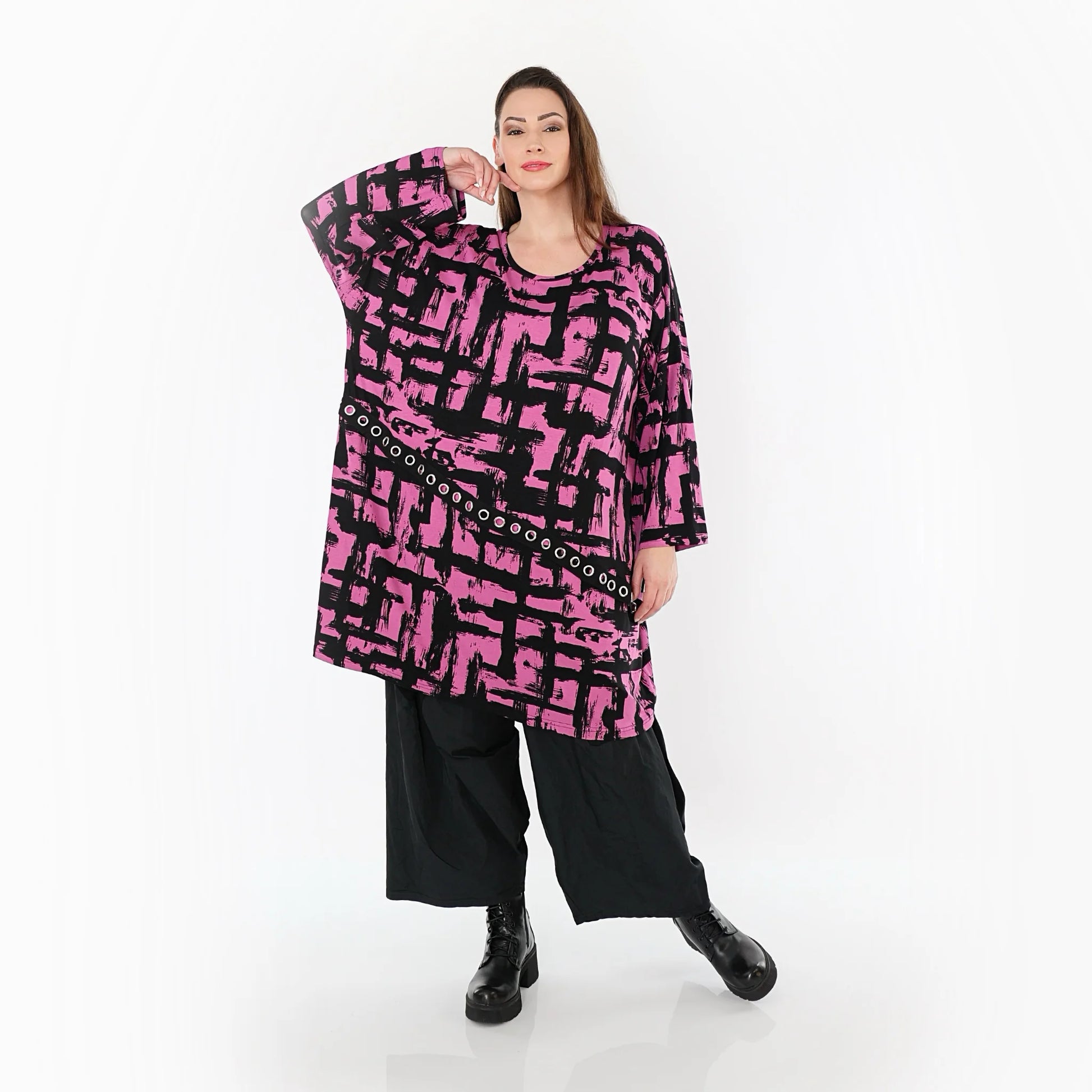  A-Form Bigshirt von AKH Fashion aus Viskose, 1519.07126, Fuchsia/Schwarz, Pinselstrich