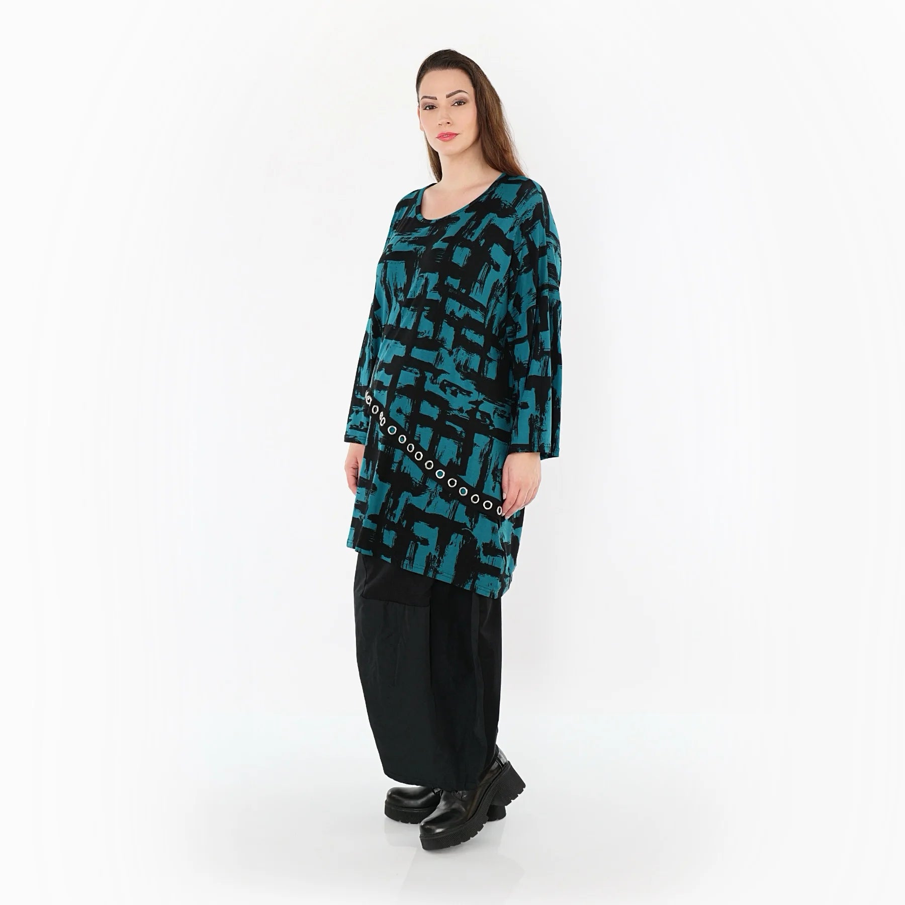  A-Form Bigshirt von AKH Fashion aus Viskose, 1519.07126, Petrol/Schwarz, Pinselstrich, Schick