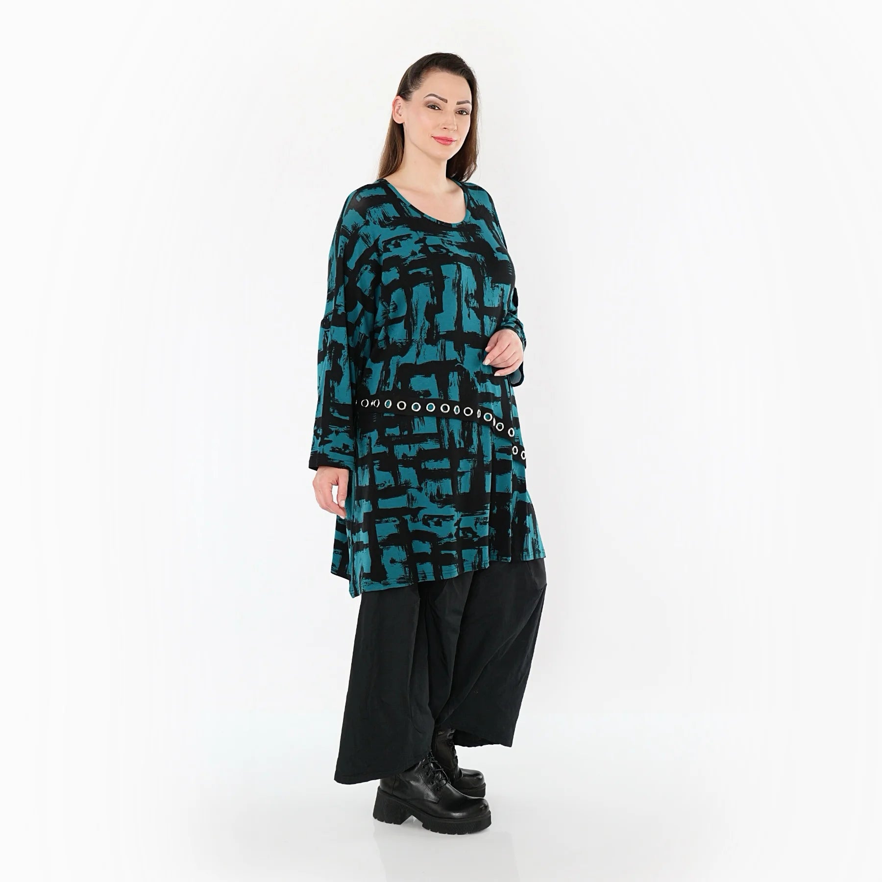  A-Form Bigshirt von AKH Fashion aus Viskose, 1519.07126, Petrol/Schwarz, Pinselstrich, Schick