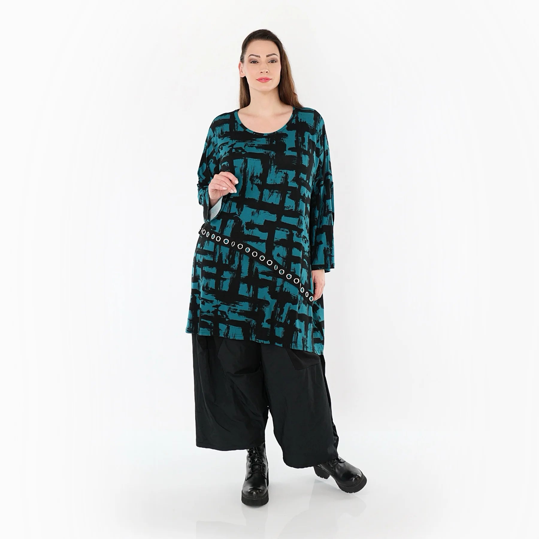  A-Form Bigshirt von AKH Fashion aus Viskose, 1519.07126, Petrol/Schwarz, Pinselstrich, Schick