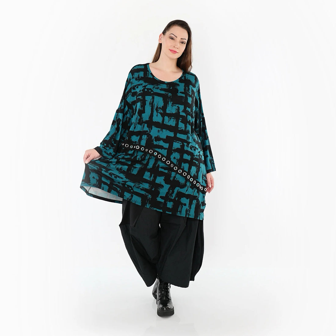  A-Form Bigshirt von AKH Fashion aus Viskose, 1519.07126, Petrol/Schwarz, Pinselstrich, Schick