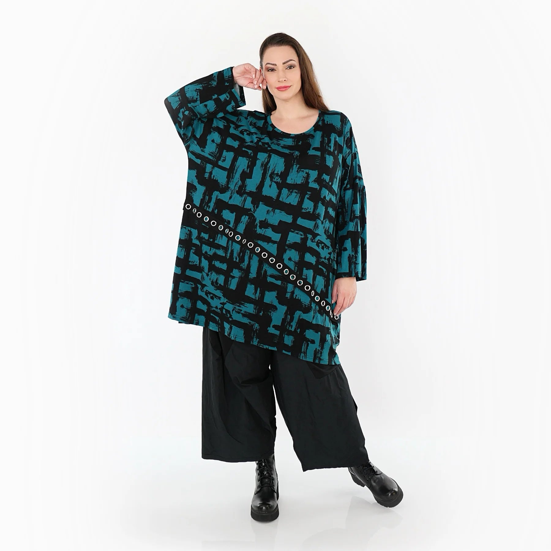  A-Form Bigshirt von AKH Fashion aus Viskose, 1519.07126, Petrol/Schwarz, Pinselstrich, Schick