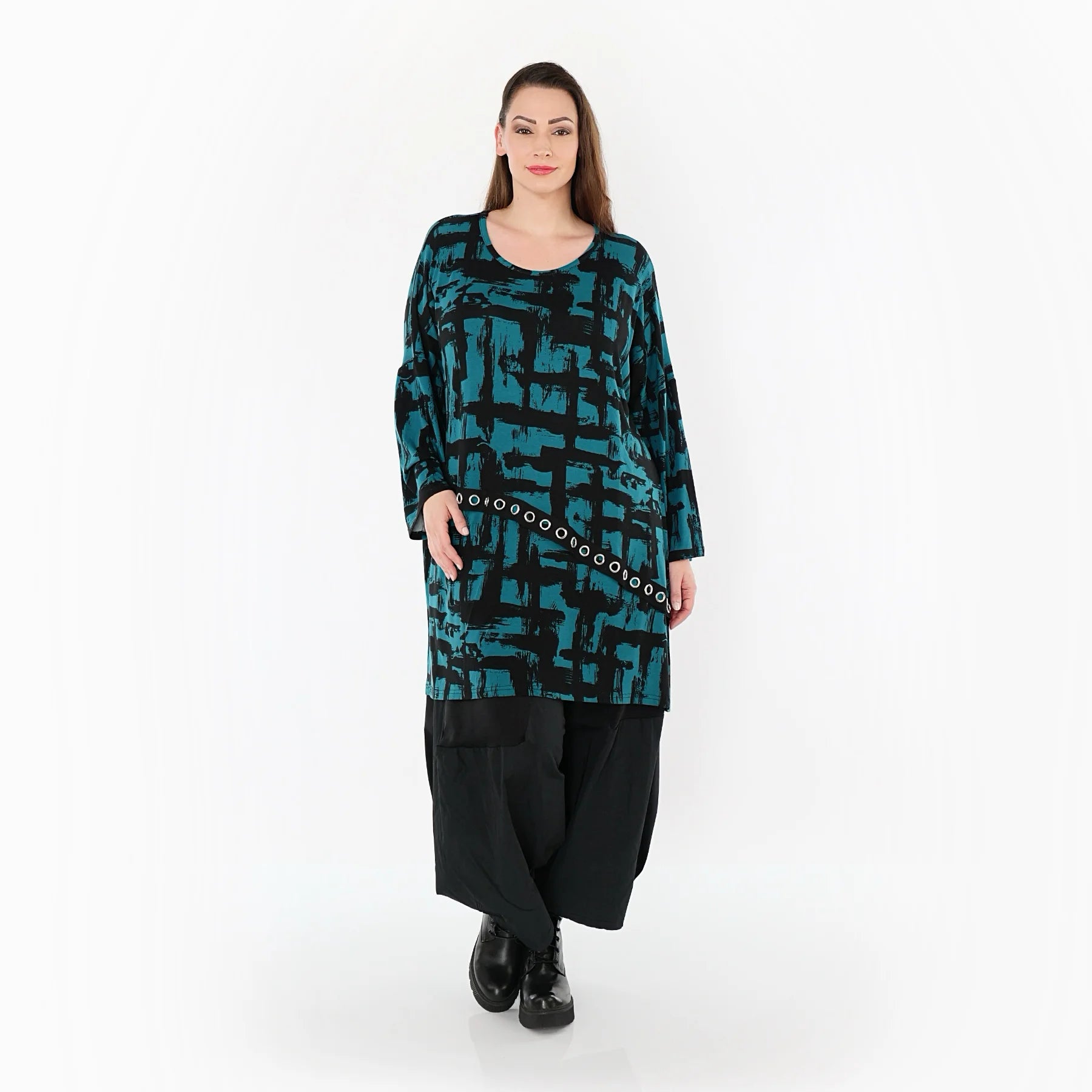  A-Form Bigshirt von AKH Fashion aus Viskose, 1519.07126, Petrol/Schwarz, Pinselstrich, Schick