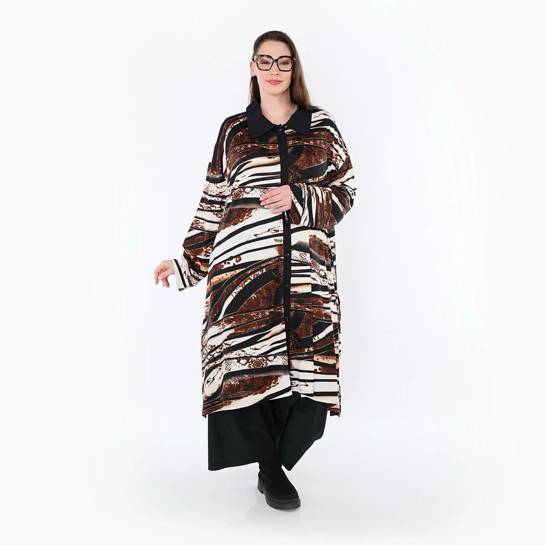  AKH Fashion Bluse in gerader Form, aus Materialmix, 1507131, Schwarz/Braun/Weiß, Reptil