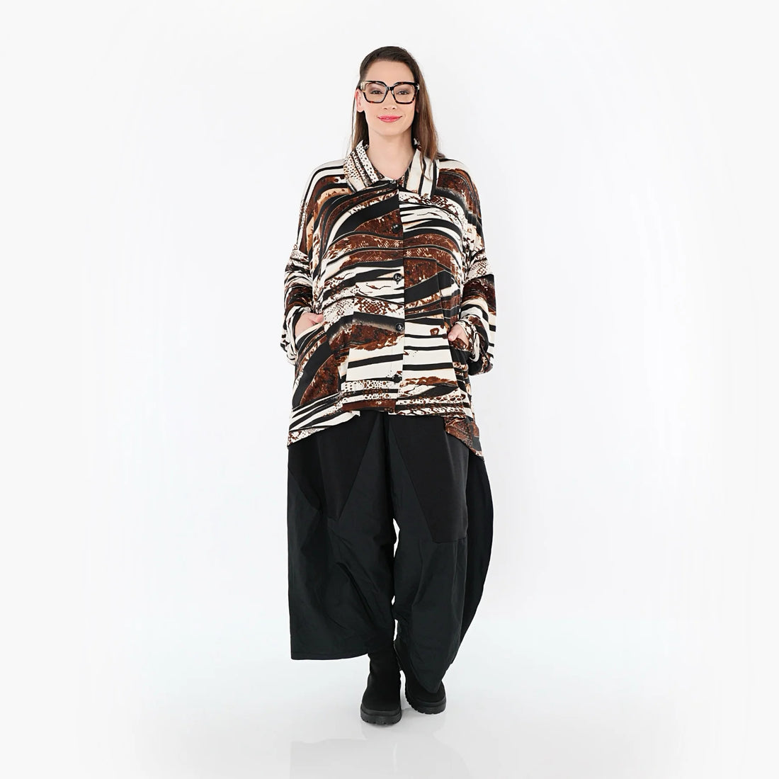  A-Form Bluse von AKH Fashion aus Materialmix, 1507132, Schwarz/Braun/Weiß, Reptil, Schick
