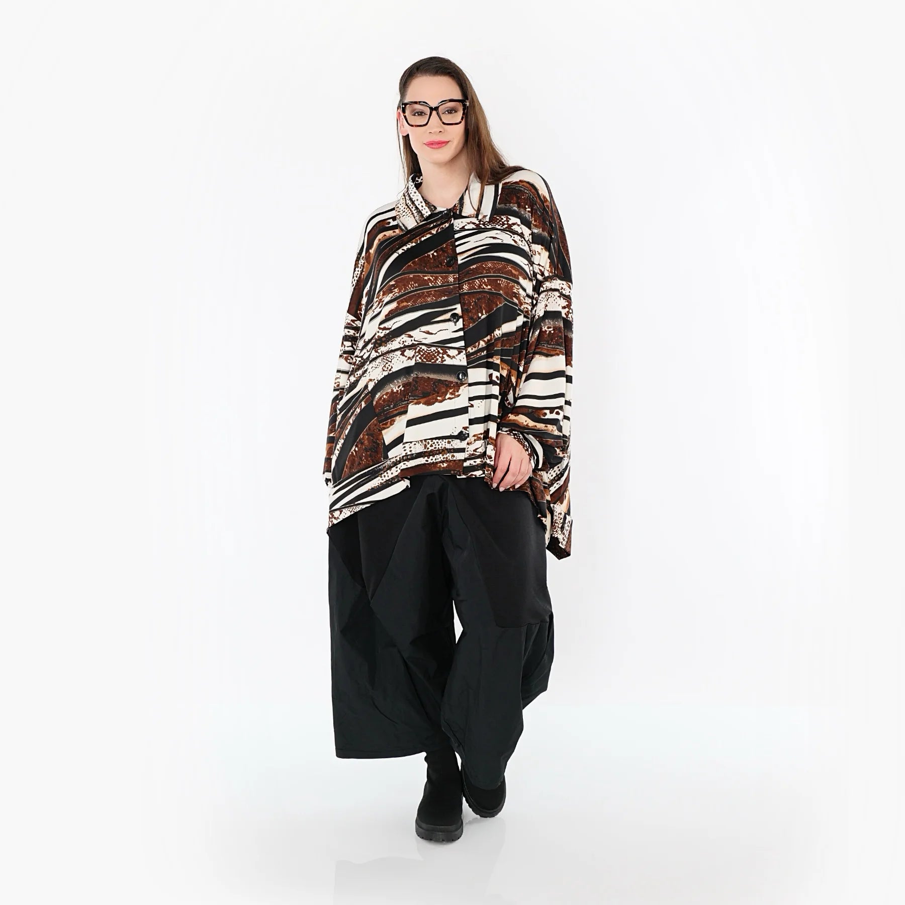  A-Form Bluse von AKH Fashion aus Materialmix, 1507132, Schwarz/Braun/Weiß, Reptil, Schick