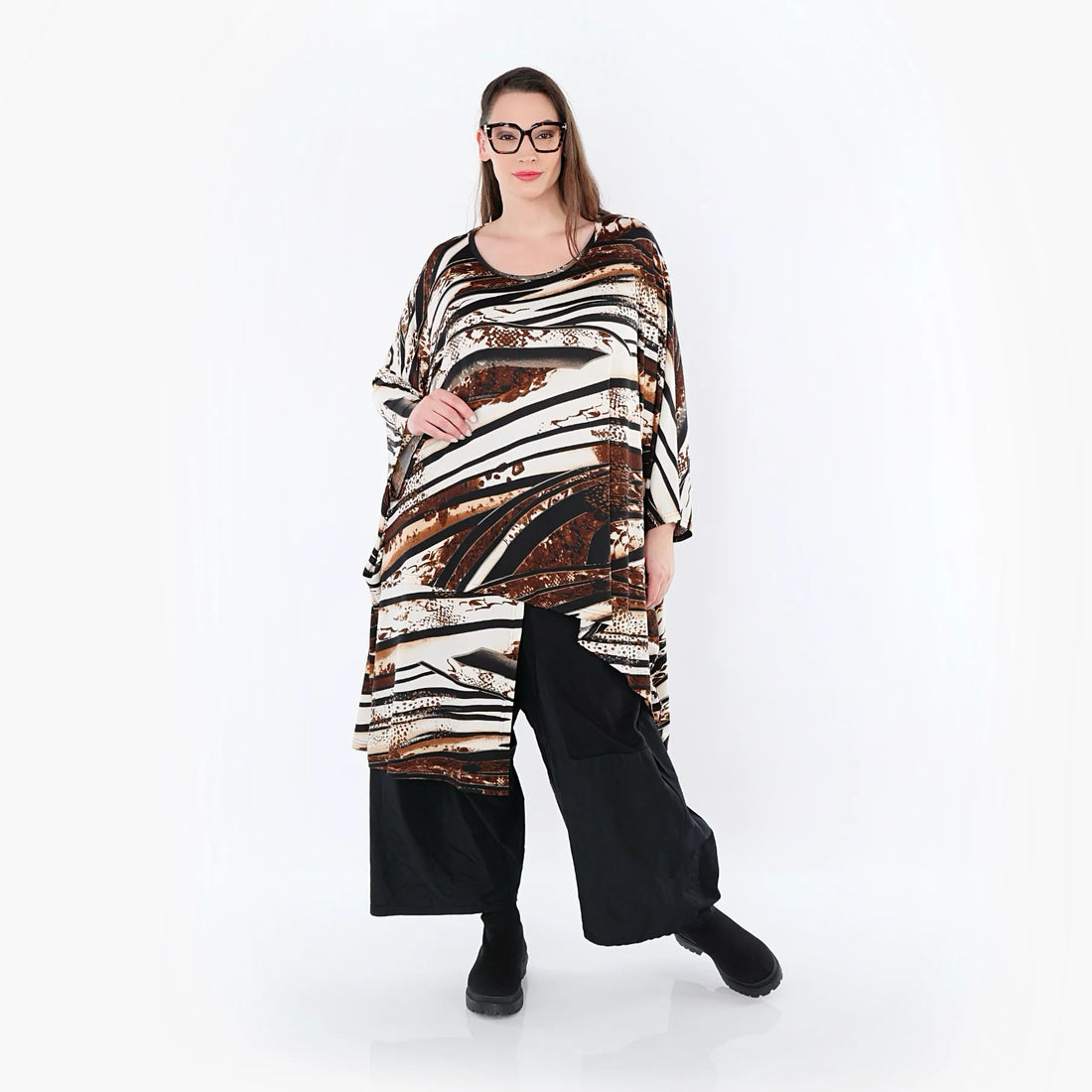 AKH Fashion Bigshirt in asymmetrischer Form, aus Materialmix, 1507133, Schwarz/Braun/Weiß