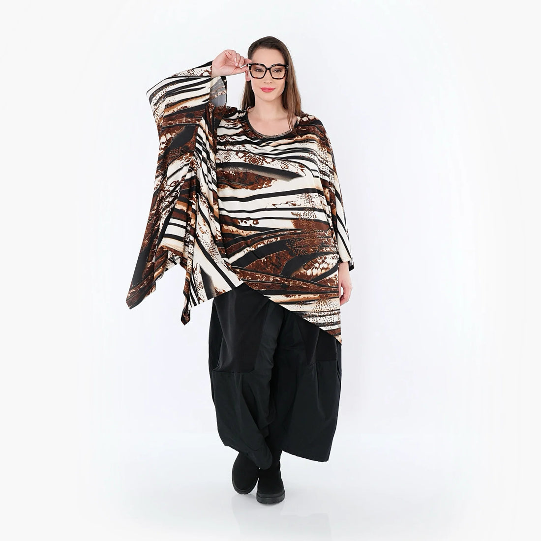  AKH Fashion Bigshirt in asymmetrischer Form, aus Materialmix, 1507133, Schwarz/Braun/Weiß