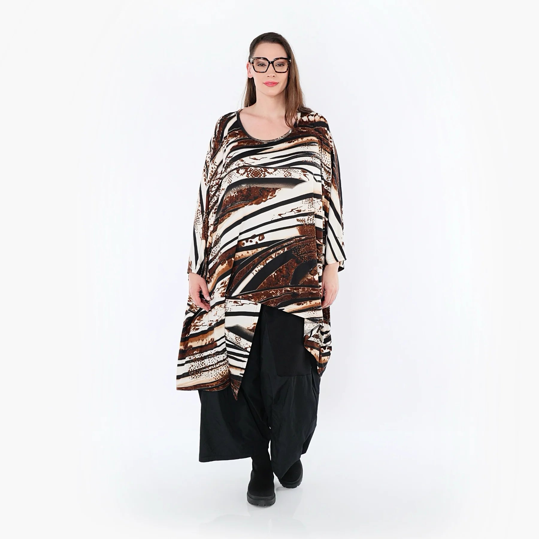  AKH Fashion Bigshirt in asymmetrischer Form, aus Materialmix, 1507133, Schwarz/Braun/Weiß