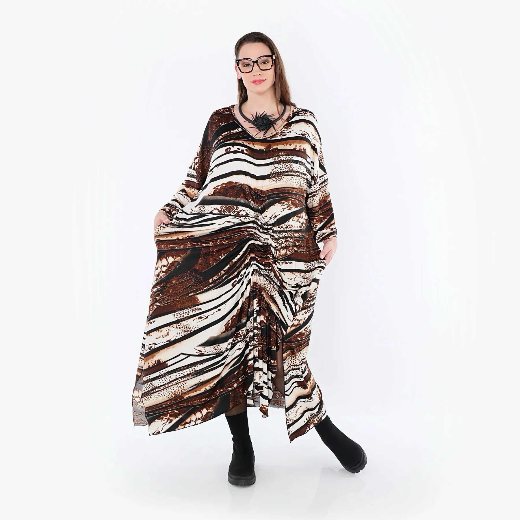  Kleid von AKH Fashion aus Materialmix, 1507134, Schwarz/Braun/Weiß, Reptil, Ausgefallen