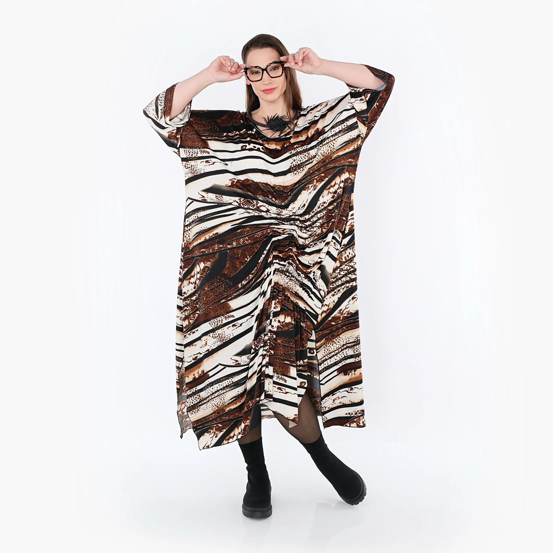  Kleid von AKH Fashion aus Materialmix, 1507134, Schwarz/Braun/Weiß, Reptil, Ausgefallen