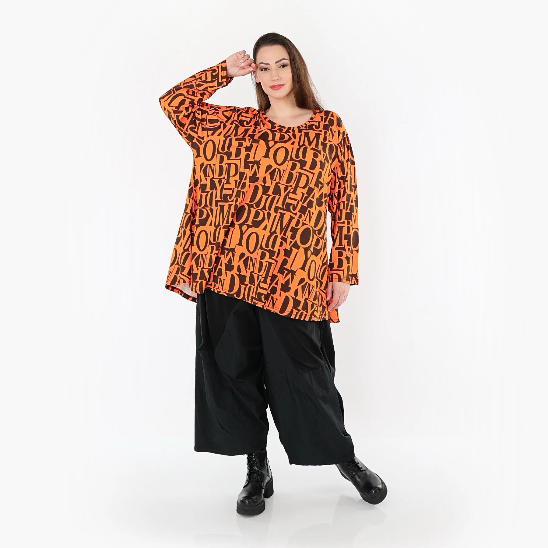  AKH Fashion Shirt in Glocken-Form, aus Viskose, 1501892, Orange/Braun, Buchstaben, Schick