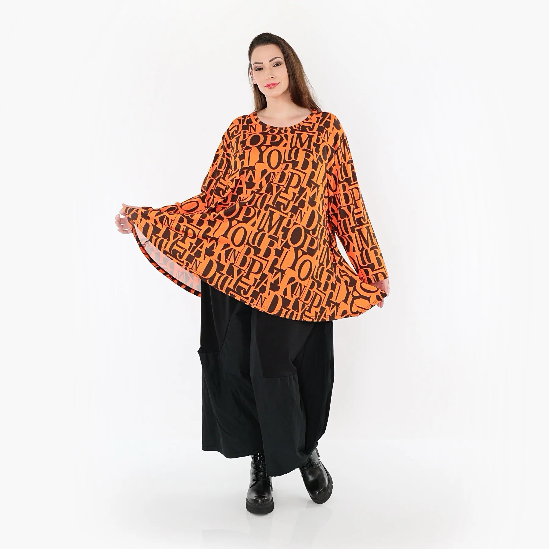  AKH Fashion Shirt in Glocken-Form, aus Viskose, 1501892, Orange/Braun, Buchstaben, Schick