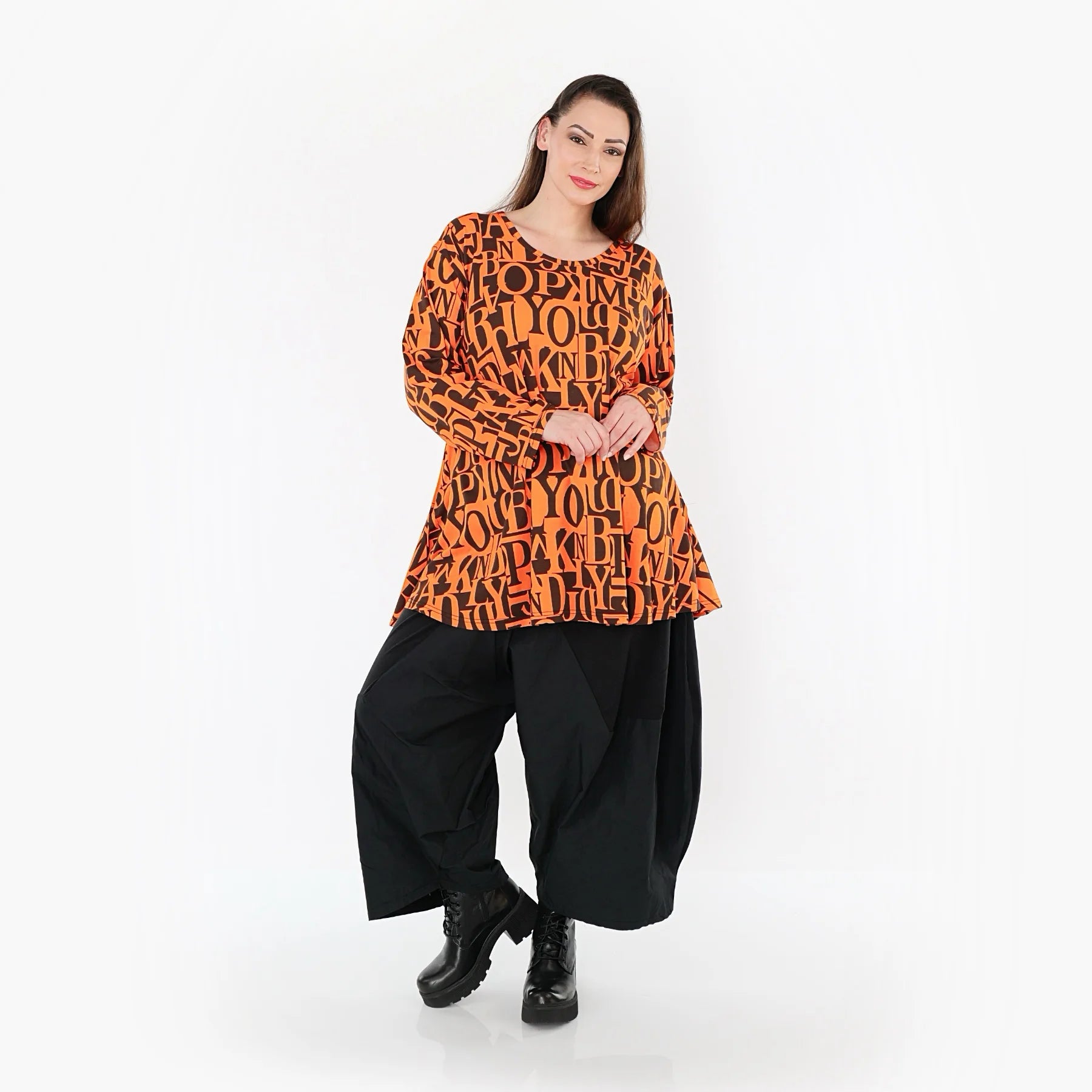  AKH Fashion Shirt in Glocken-Form, aus Viskose, 1501892, Orange/Braun, Buchstaben, Schick