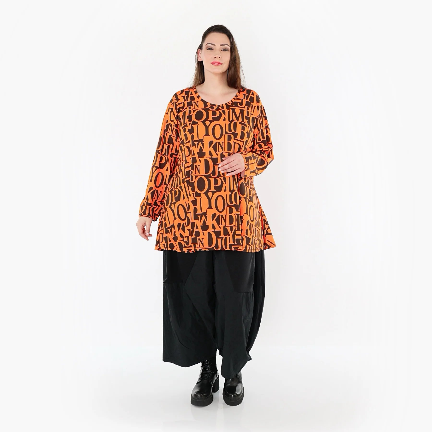  AKH Fashion Shirt in Glocken-Form, aus Viskose, 1501892, Orange/Braun, Buchstaben, Schick