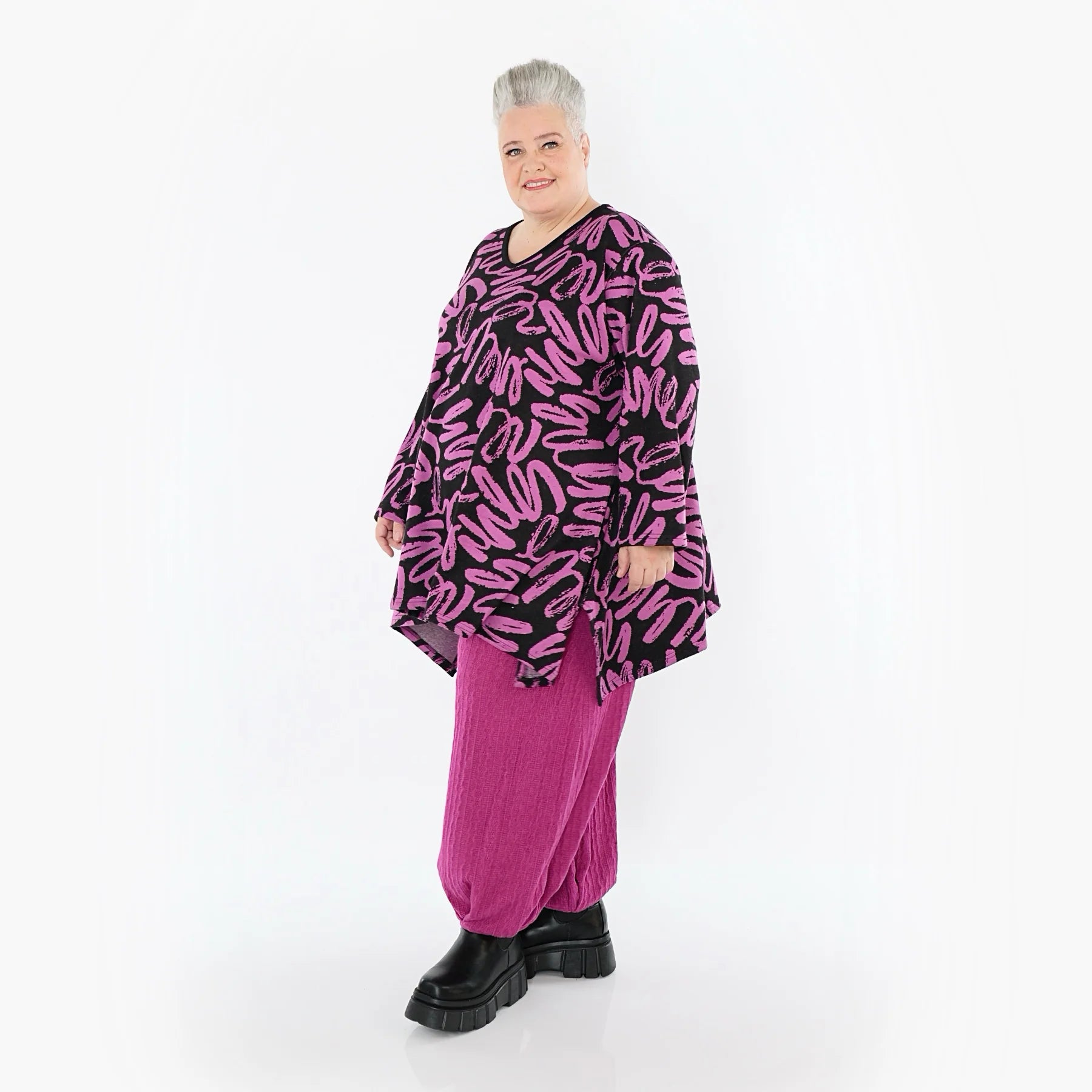  A-Form Bigshirt von AKH Fashion aus Materialmix, 1529.01019, Schwarz/Fuchsia, Kringel, Schick