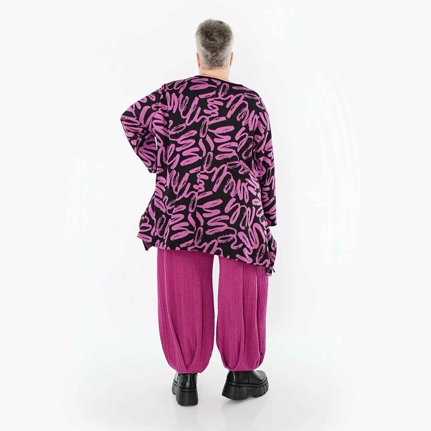  A-Form Bigshirt von AKH Fashion aus Materialmix, 1529.01019, Schwarz/Fuchsia, Kringel, Schick