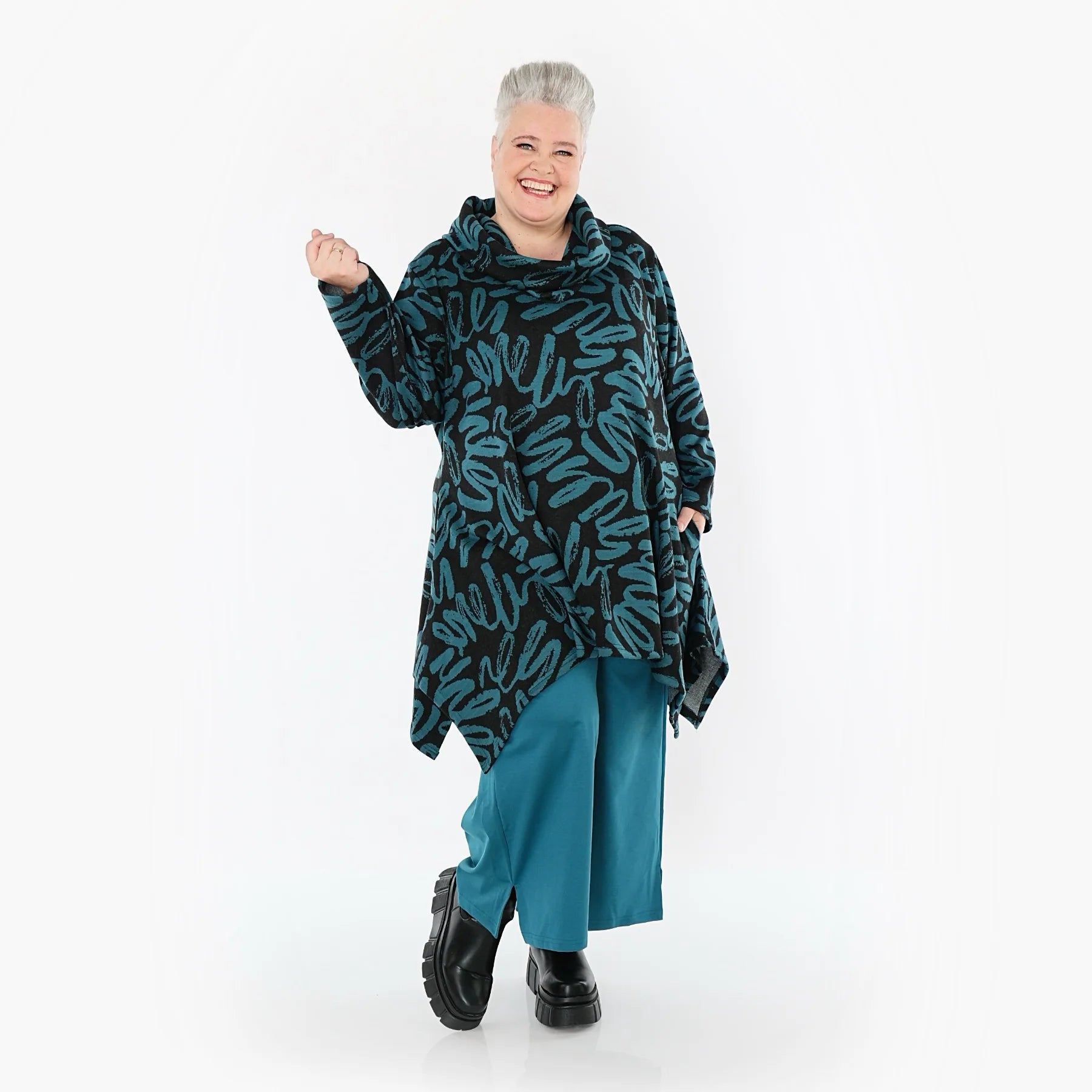 A-Form Shirt von AKH Fashion aus Materialmix, 1529.03371, Schwarz/Petrol, Kringel, Schick