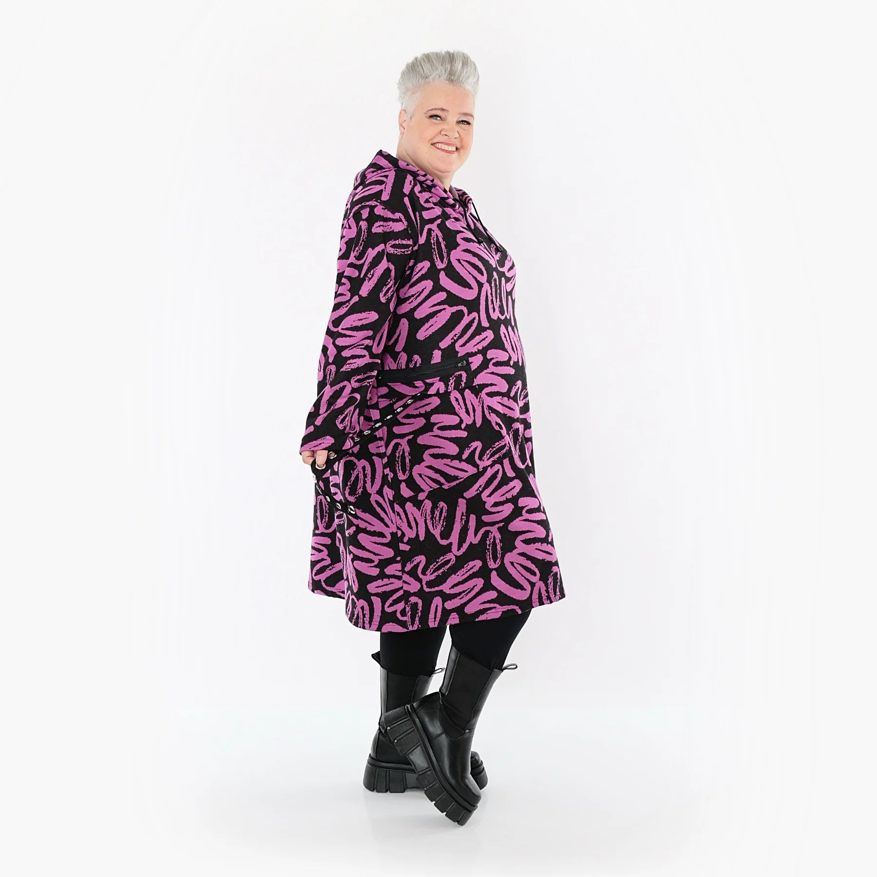  A-Form Kleid von AKH Fashion aus Materialmix, 1529.06989, Schwarz/Fuchsia, Kringel, Schick