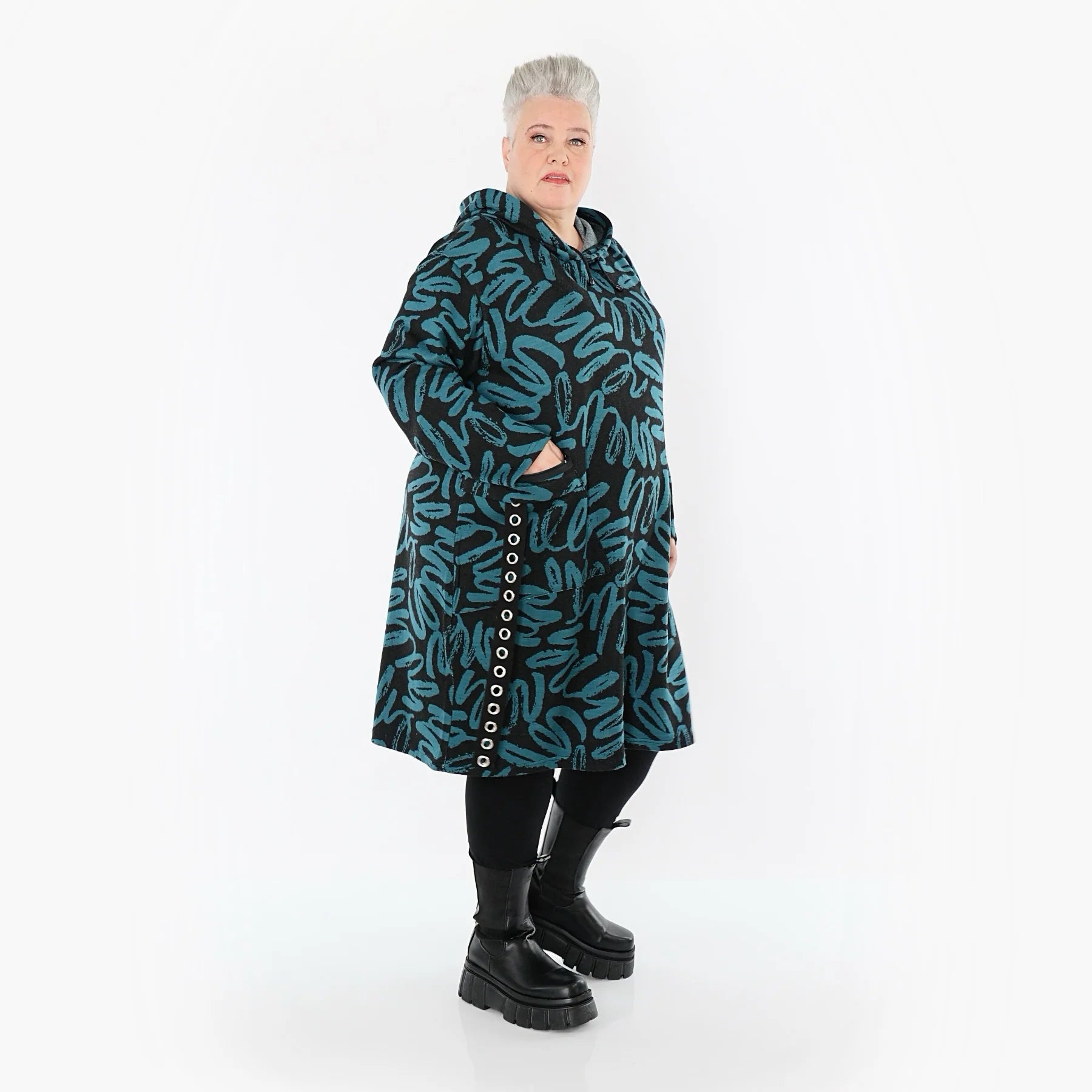  A-Form Kleid von AKH Fashion aus Materialmix, 1529.06989, Schwarz/Petrol, Kringel, Schick