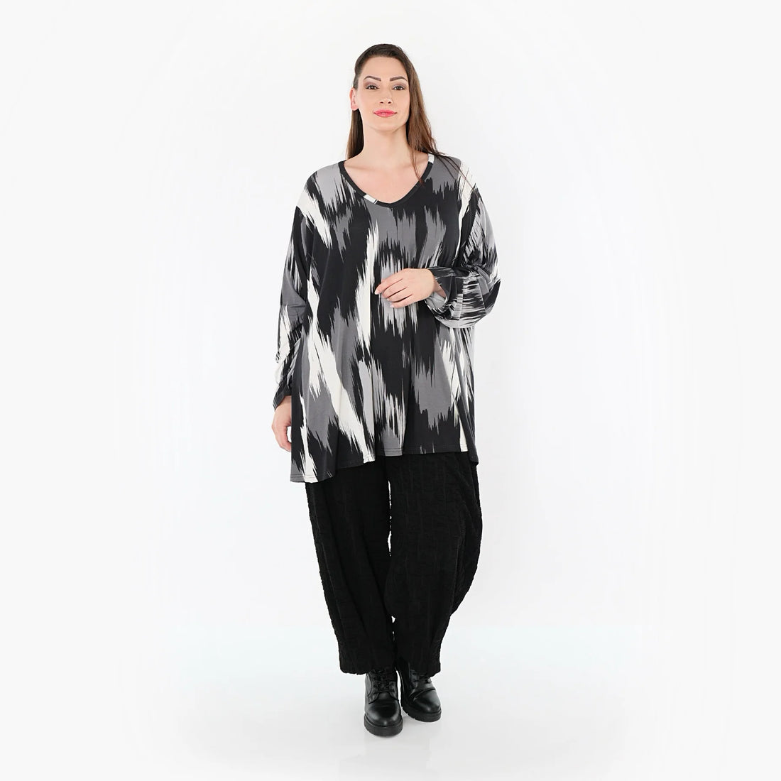  A-Form Bigshirt von AKH Fashion aus Viskose, 1530.00593, Schwarz/Grau/Weiß, Pinselstrich