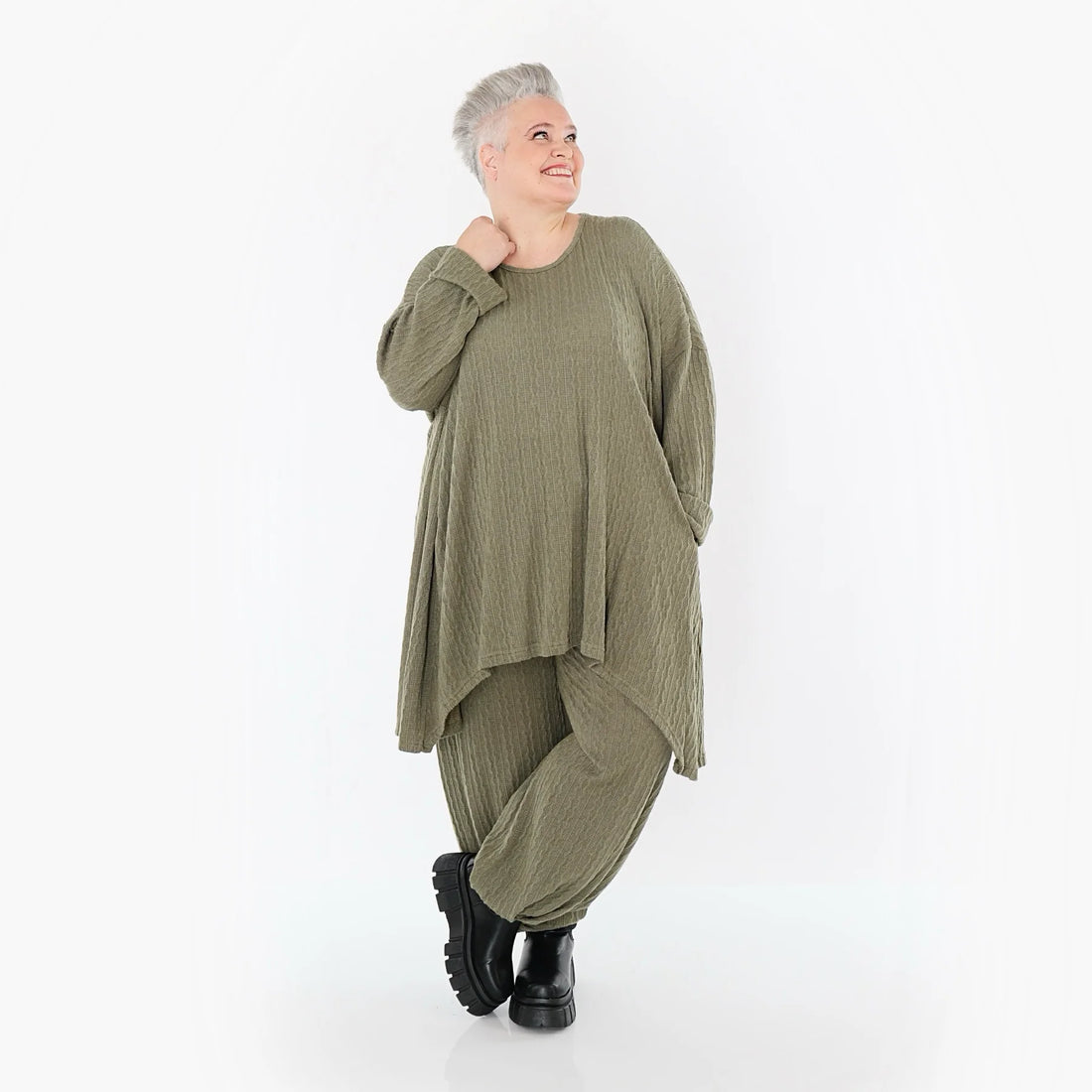  A-Form Bigshirt von AKH Fashion aus Materialmix, 1532.07014, Olive, Wellen, Ausgefallen