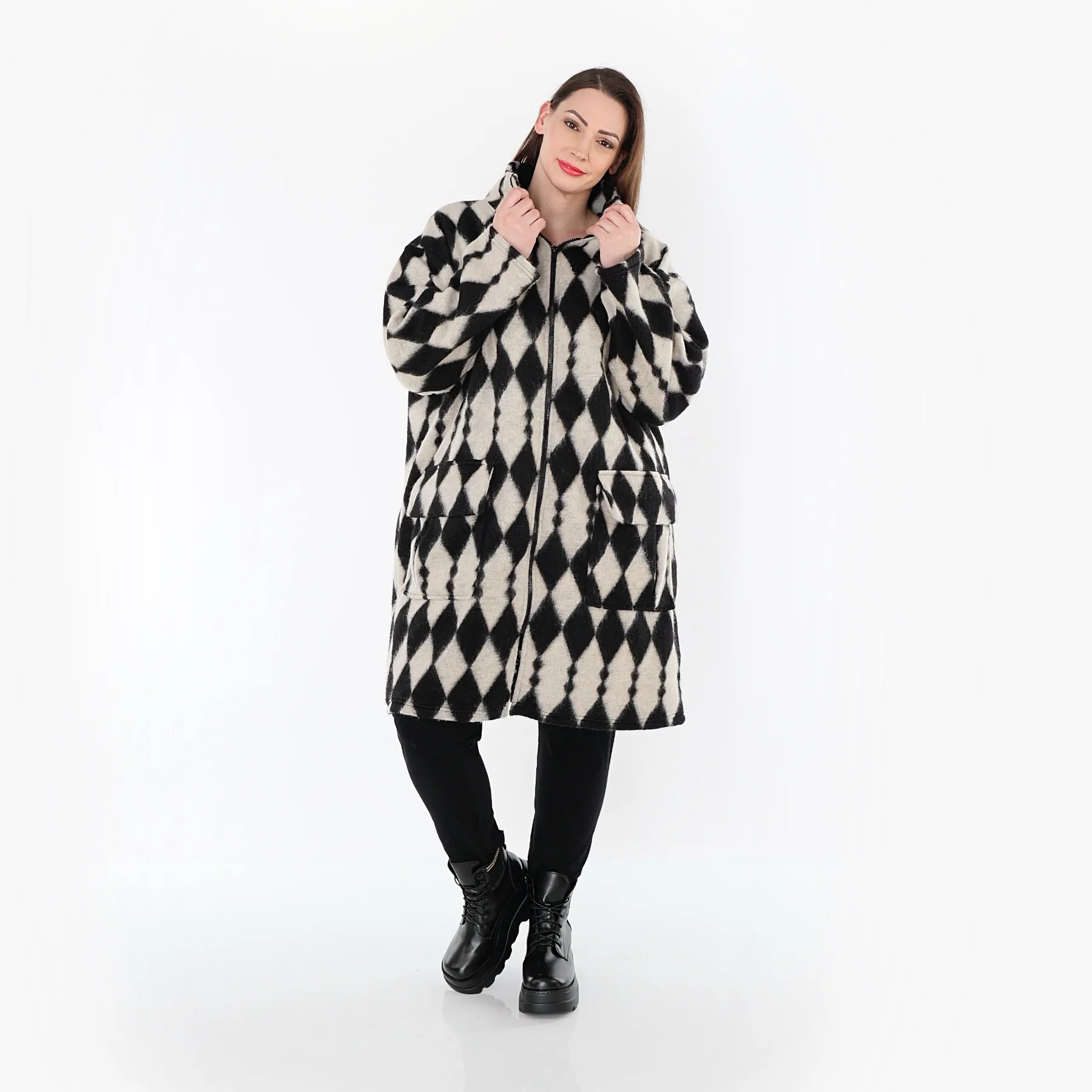  AKH Fashion Mantel in gerader Form, aus Materialmix, 1538.06656, Ecru/Schwarz, Raute