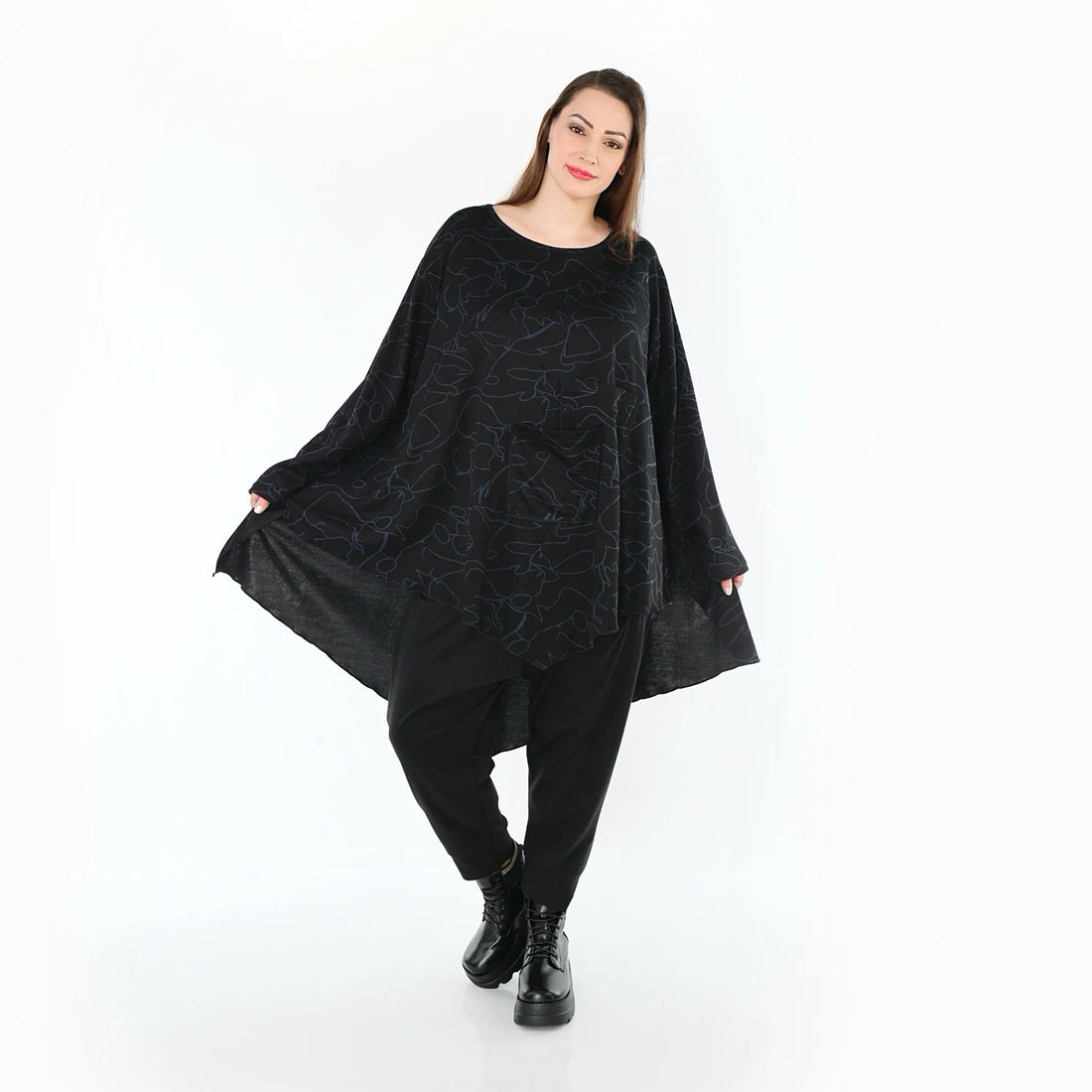  A-Form Bigshirt von AKH Fashion aus Viskose, 1545.07138, Schwarz/Blau, Kringel, Ausgefallen