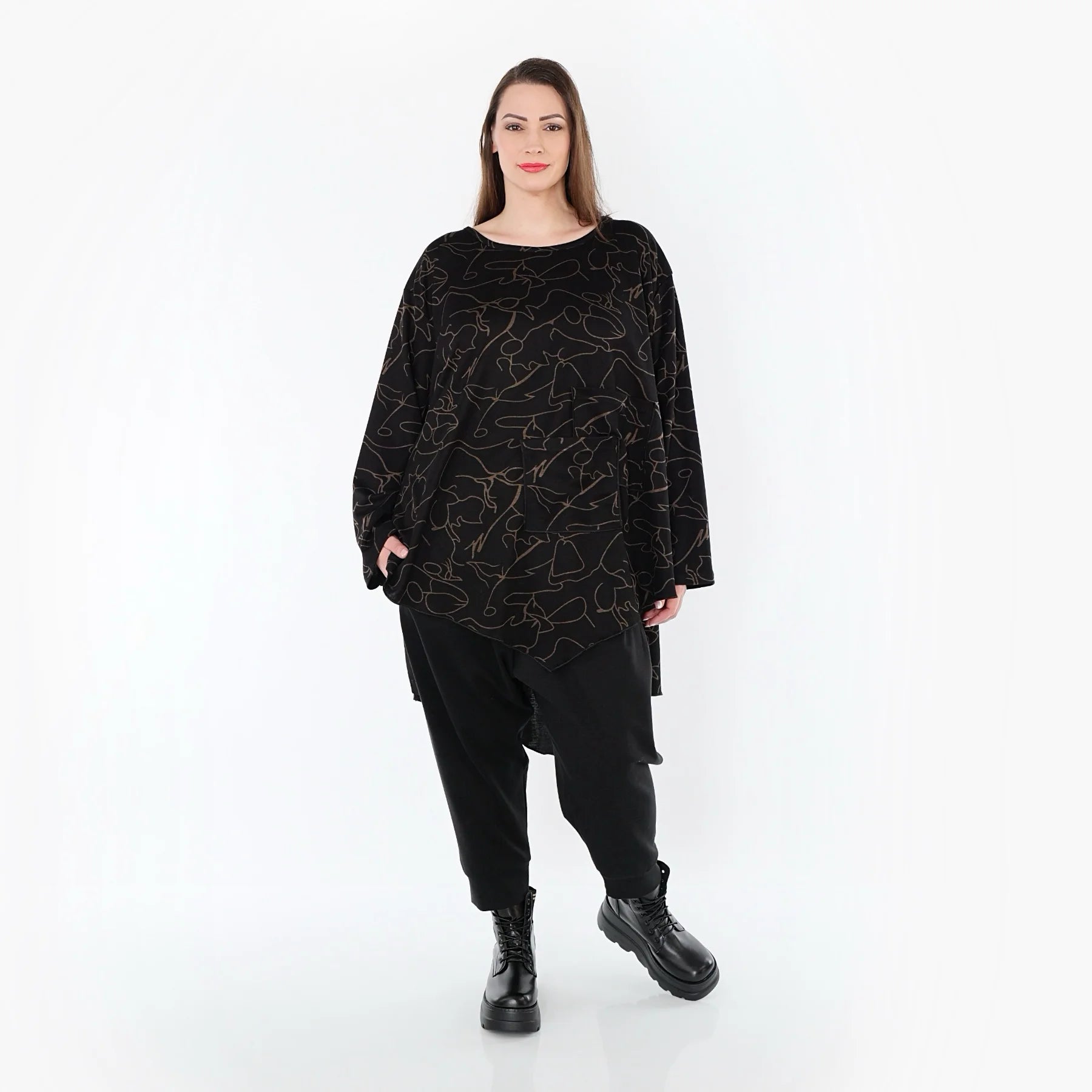  A-Form Bigshirt von AKH Fashion aus Viskose, 1545.07138, Schwarz/Braun, Kringel, Ausgefallen