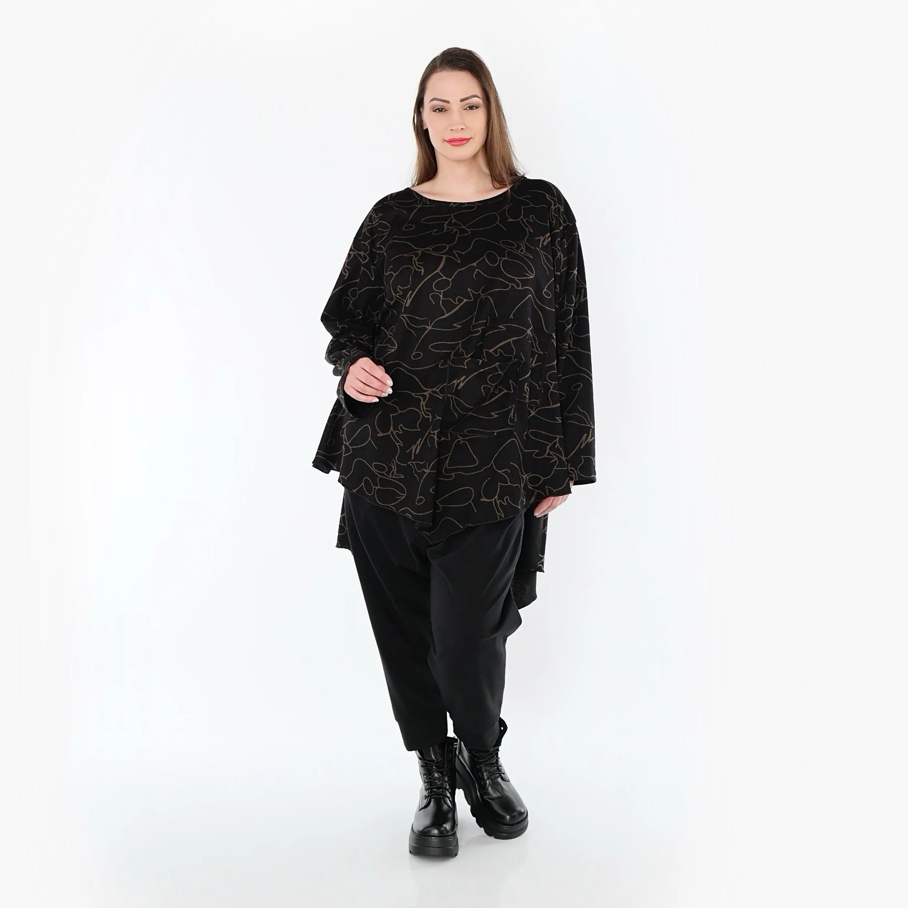  A-Form Bigshirt von AKH Fashion aus Viskose, 1545.07138, Schwarz/Braun, Kringel, Ausgefallen