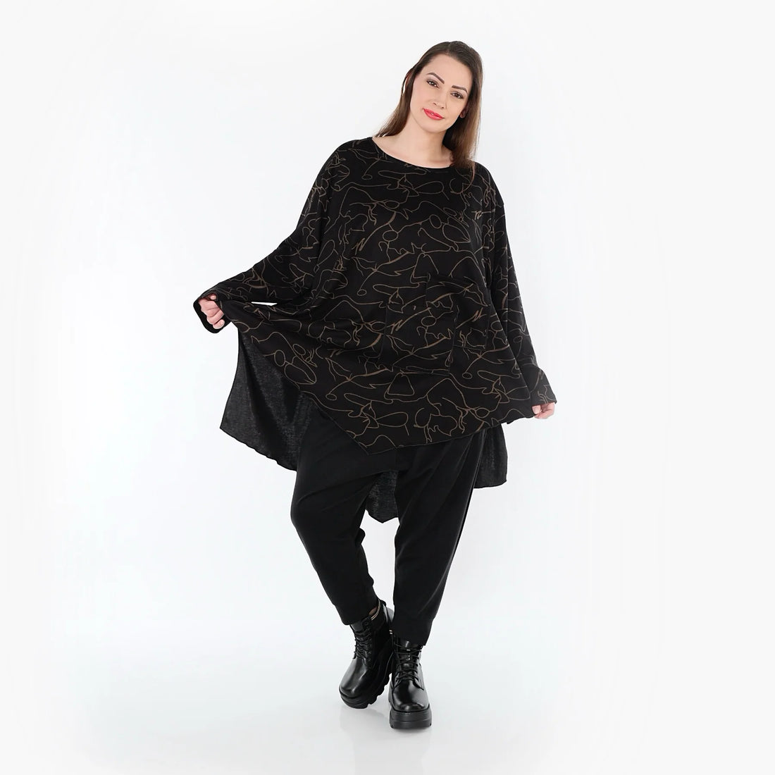  A-Form Bigshirt von AKH Fashion aus Viskose, 1545.07138, Schwarz/Braun, Kringel, Ausgefallen
