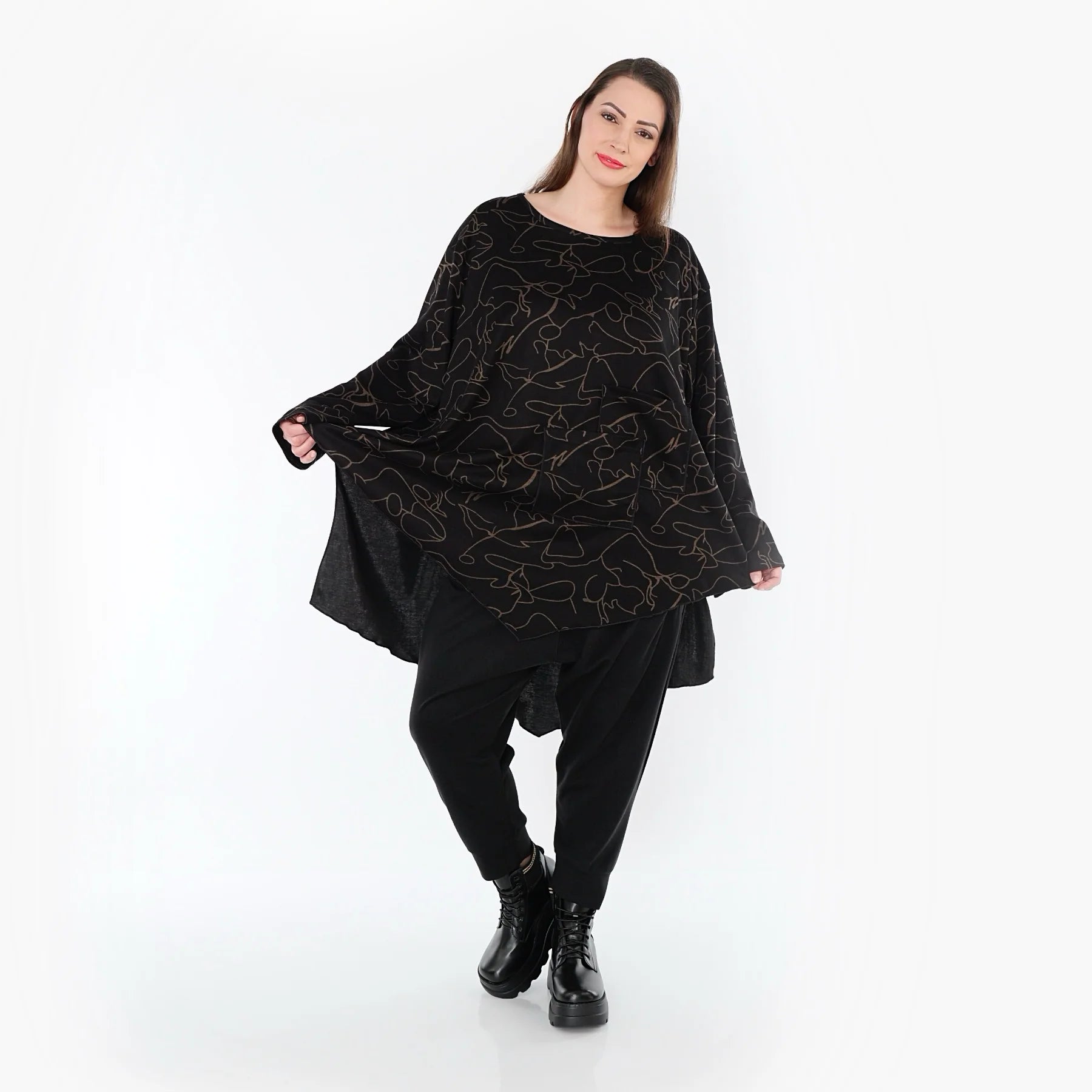  A-Form Bigshirt von AKH Fashion aus Viskose, 1545.07138, Schwarz/Braun, Kringel, Ausgefallen