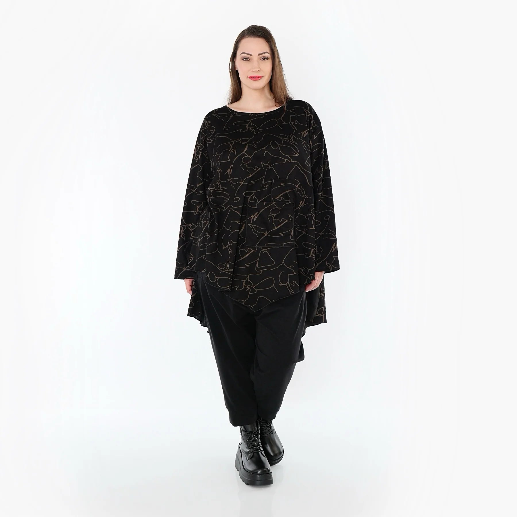  A-Form Bigshirt von AKH Fashion aus Viskose, 1545.07138, Schwarz/Braun, Kringel, Ausgefallen