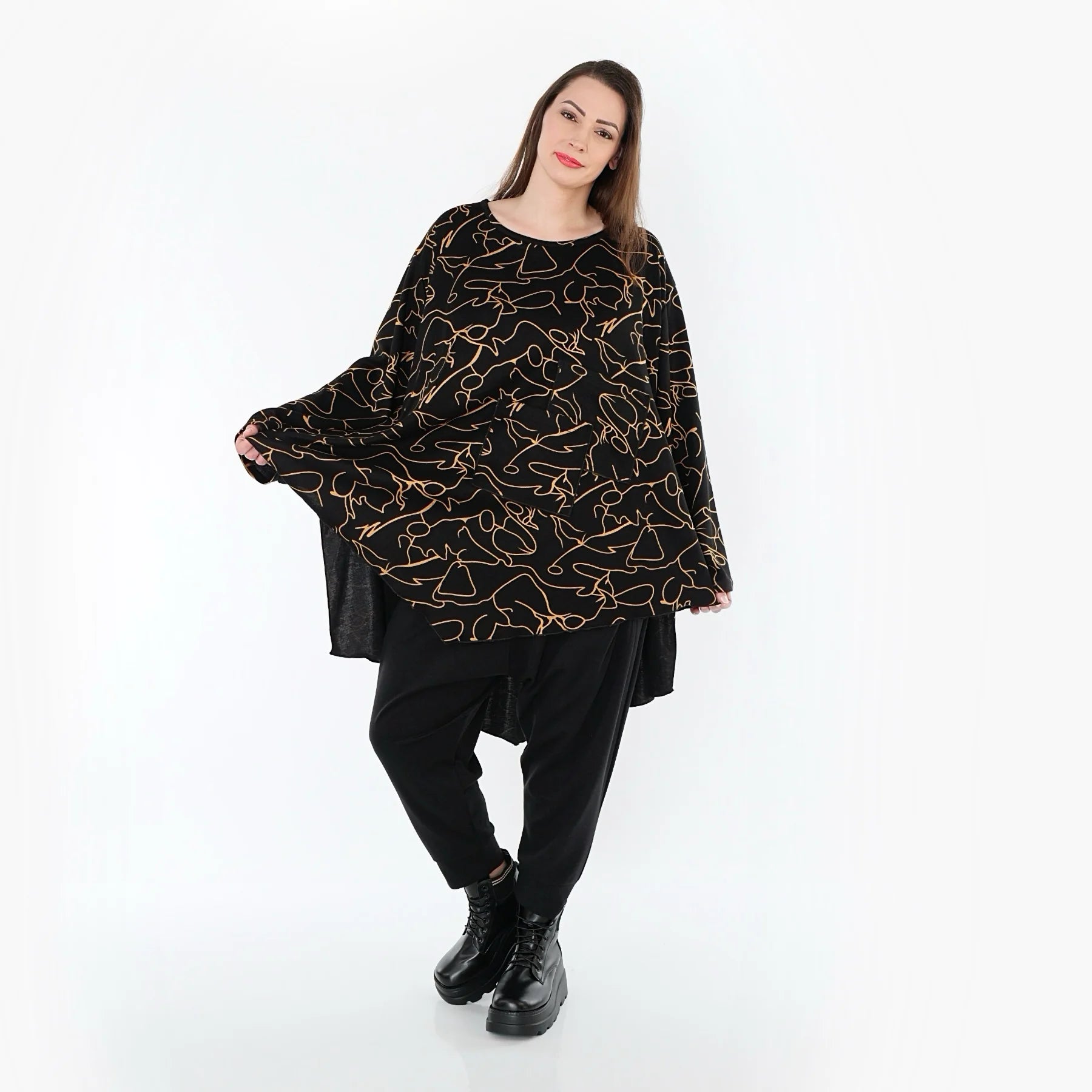  A-Form Bigshirt von AKH Fashion aus Viskose, 1545.07138, Schwarz/Orange, Kringel, Schick