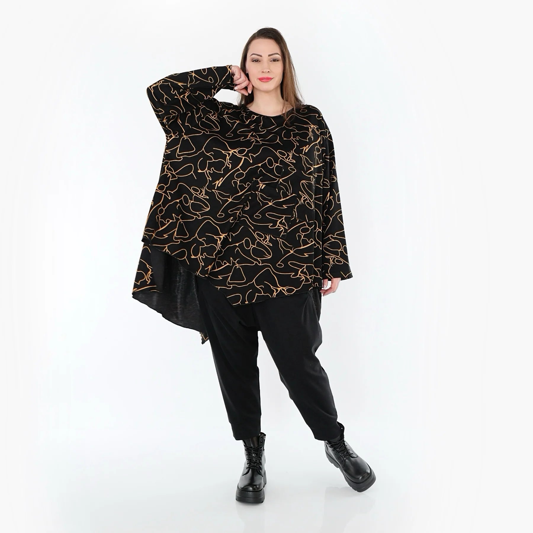  A-Form Bigshirt von AKH Fashion aus Viskose, 1545.07138, Schwarz/Orange, Kringel, Schick