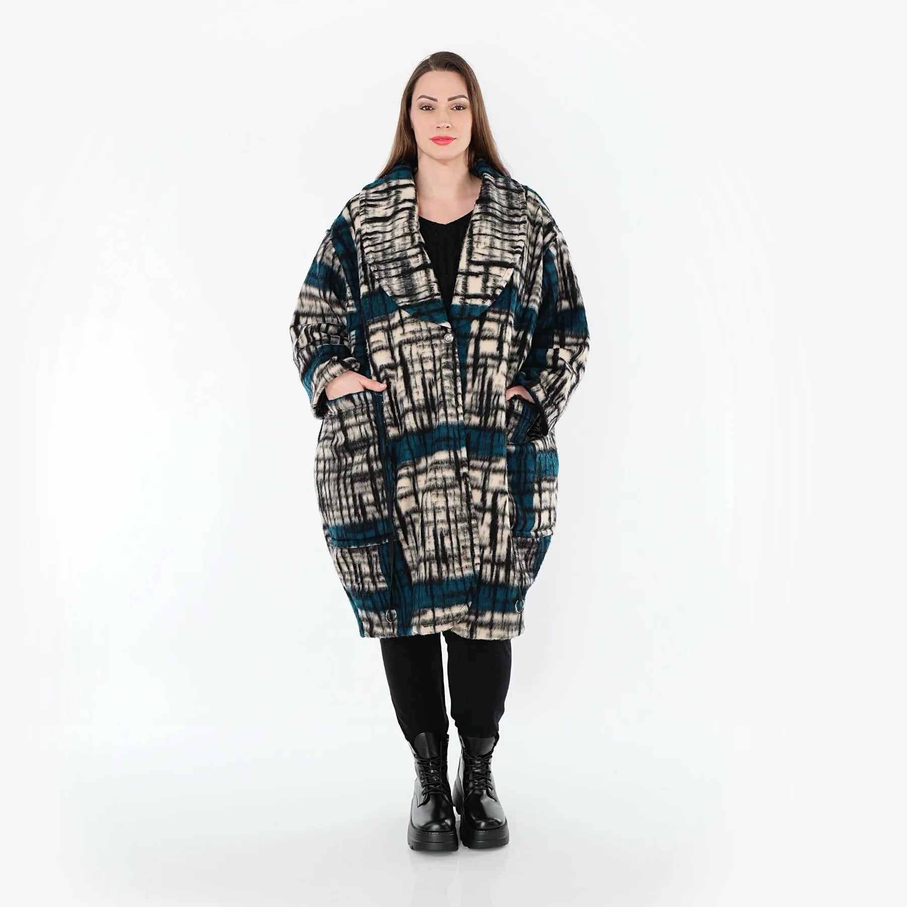  Ballonmantel von AKH Fashion aus Materialmix, 1553.07164, Schwarz/Ecru/Petrol, Kariert