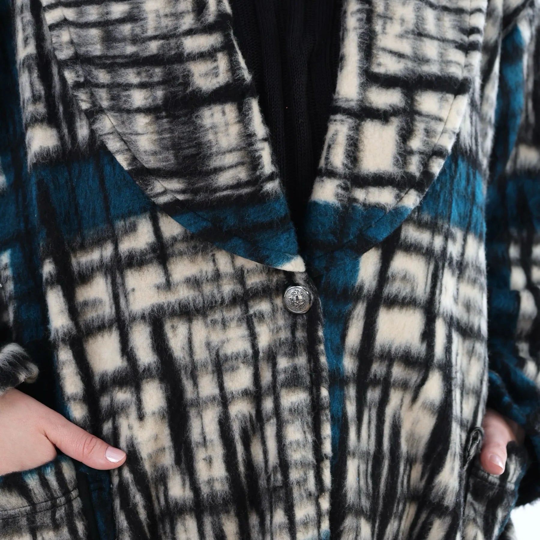  Ballonmantel von AKH Fashion aus Materialmix, 1553.07164, Schwarz/Ecru/Petrol, Kariert