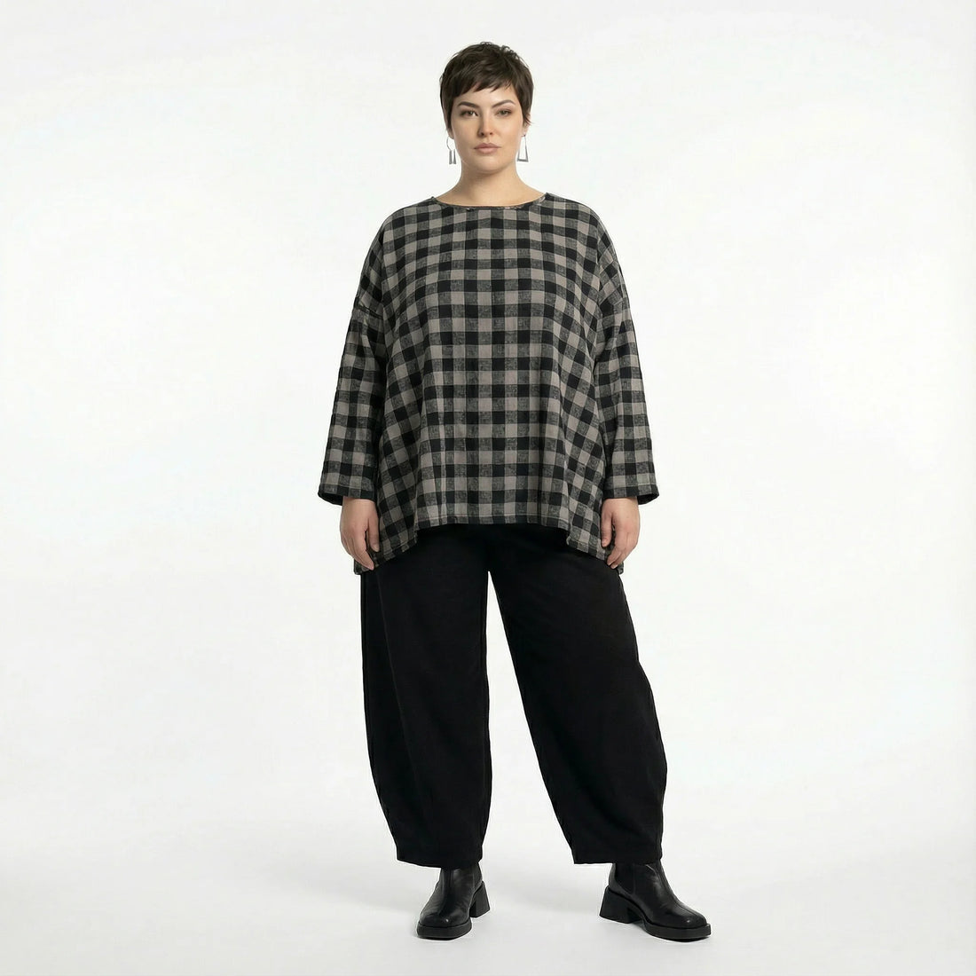  A-Form Bigshirt von AKH Fashion aus Polyester, 1562.00593, Grau/Schwarz, Kariert, Schick