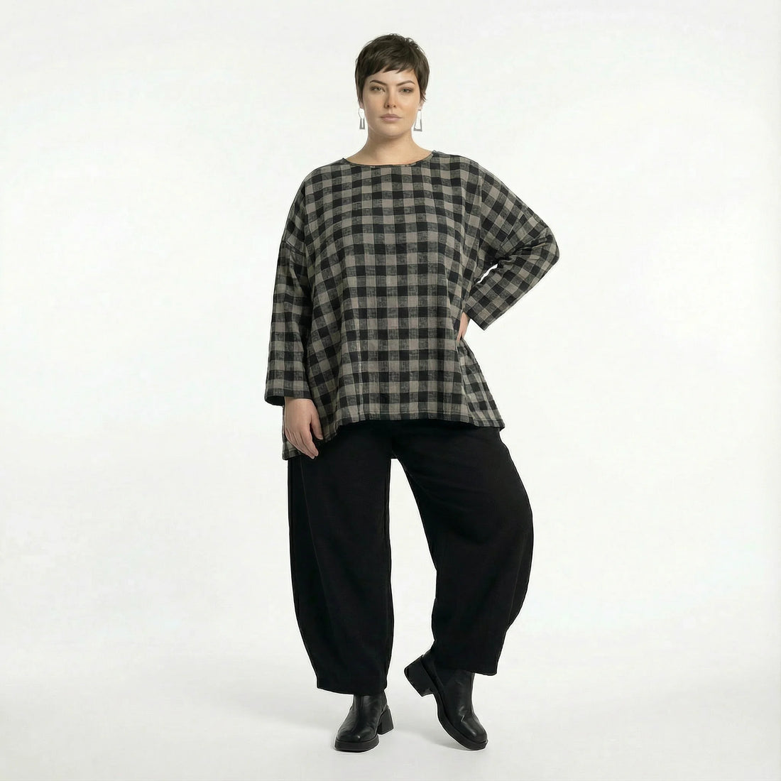  A-Form Bigshirt von AKH Fashion aus Polyester, 1562.00593, Grau/Schwarz, Kariert, Schick